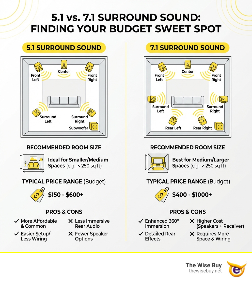 Infographic showing 5.1 vs 7.1 surround sound speaker placement diagrams side by side, with labeled speaker positions (front left, center, front right, surround left, surround right, subwoofer for 5.1; same plus rear left and rear right for 7.1), recommended room sizes for each, typical price ranges, and pros and cons of each configuration for budget home theater setups - discount home theater systems infographic 