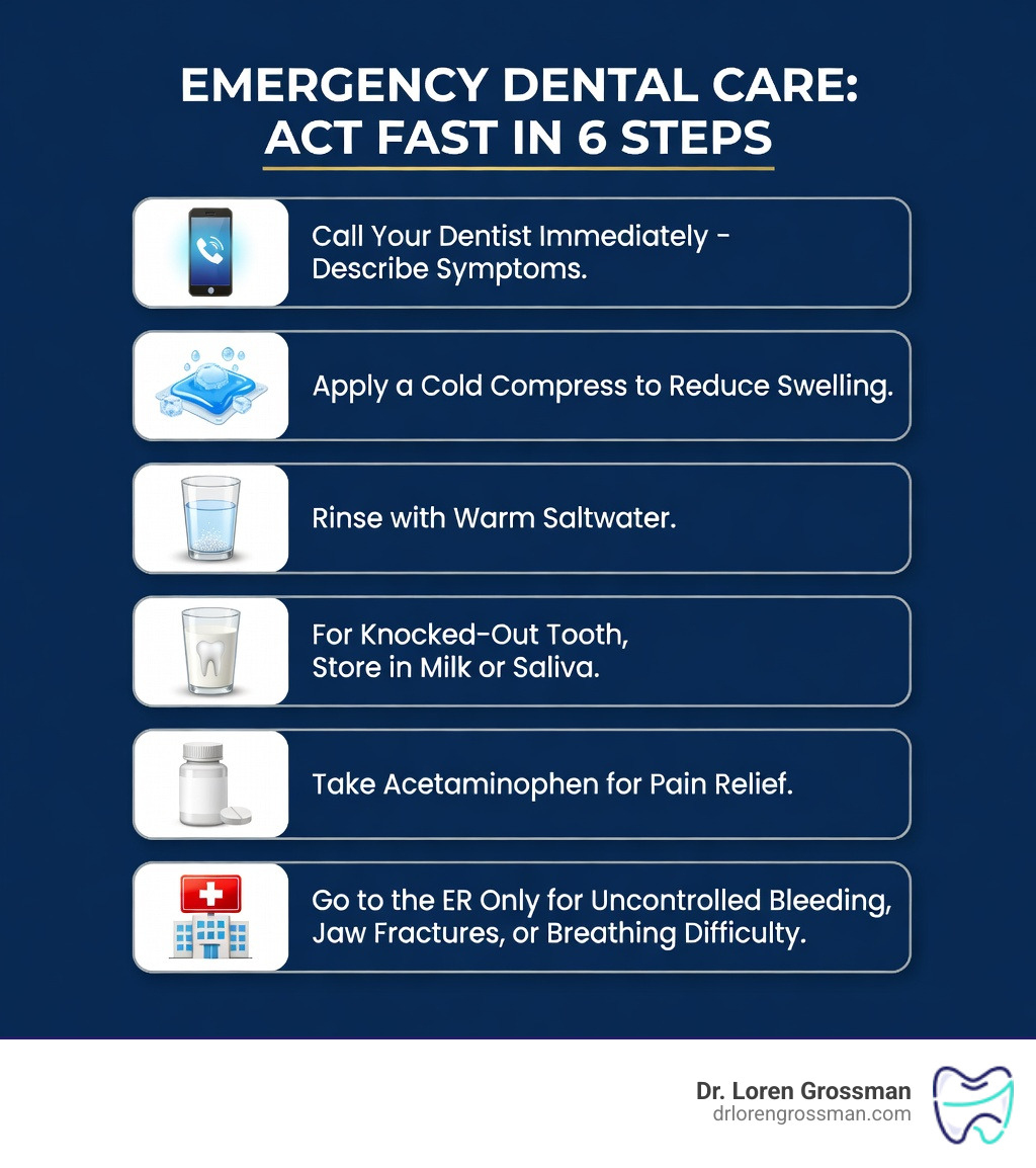 Step-by-step infographic showing what to do in a same day dental emergency: Step 1 - Call your dentist immediately and describe symptoms; Step 2 - Apply a cold compress to reduce swelling; Step 3 - Rinse with warm saltwater; Step 4 - For knocked-out tooth, store in milk or saliva; Step 5 - Take acetaminophen for pain relief; Step 6 - Go to the ER only for uncontrolled bleeding, jaw fractures, or breathing difficulty - same day dental emergency infographic 
