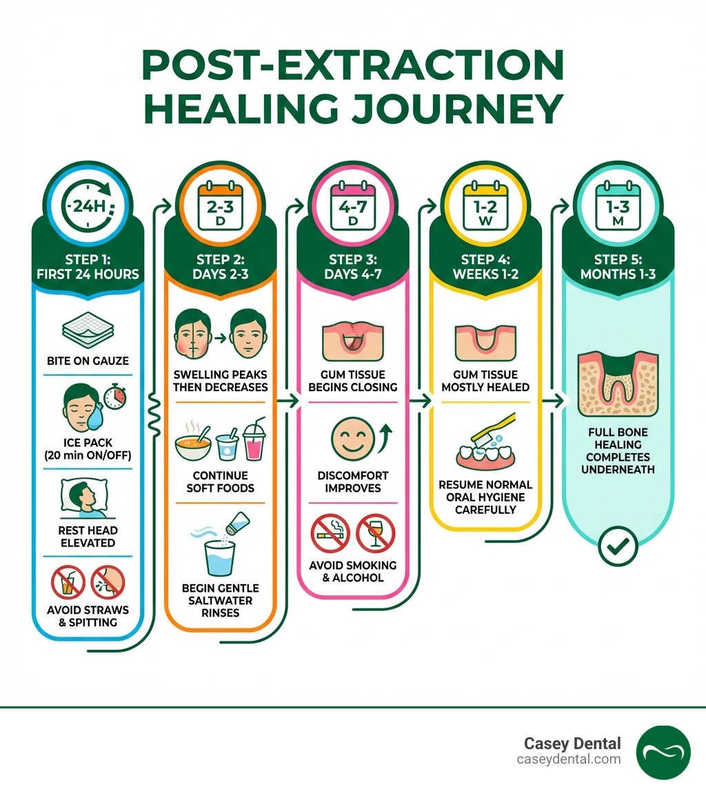 Infographic showing post-extraction healing steps: Step 1 - First 24 hours: bite on gauze, apply ice pack 20 min on/off, rest with head elevated, avoid straws and spitting; Step 2 - Days 2-3: swelling peaks then decreases, continue soft foods, begin gentle saltwater rinses; Step 3 - Days 4-7: gum tissue begins closing, discomfort improves, avoid smoking and alcohol; Step 4 - Weeks 1-2: gum tissue mostly healed, resume normal oral hygiene carefully; Step 5 - Months 1-3: full bone healing completes underneath - how can i make my tooth extraction heal faster infographic 