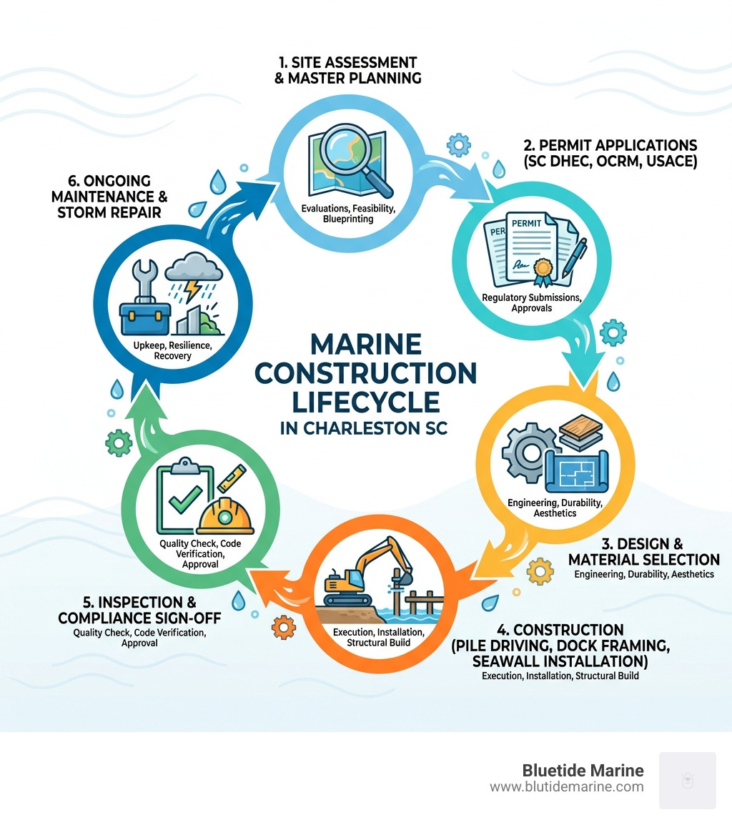 Infographic showing the marine construction lifecycle in Charleston SC: Step 1 - Site Assessment and Master Planning; Step 2 - Permit Applications (SC DHEC, OCRM, USACE); Step 3 - Design and Material Selection; Step 4 - Construction (pile driving, dock framing, seawall installation); Step 5 - Inspection and Compliance Sign-off; Step 6 - Ongoing Maintenance and Storm Repair - marine construction charleston sc infographic Infographic showing the marine construction lifecycle in Charleston SC: Step 1 - Site Assessment and Master Planning; Step 2 - Permit Applications (SC DHEC, OCRM, USACE); Step 3 - Design and Material Selection; Step 4 - Construction (pile driving, dock framing, seawall installation); Step 5 - Inspection and Compliance Sign-off; Step 6 - Ongoing Maintenance and Storm Repair - marine construction charleston sc infographic