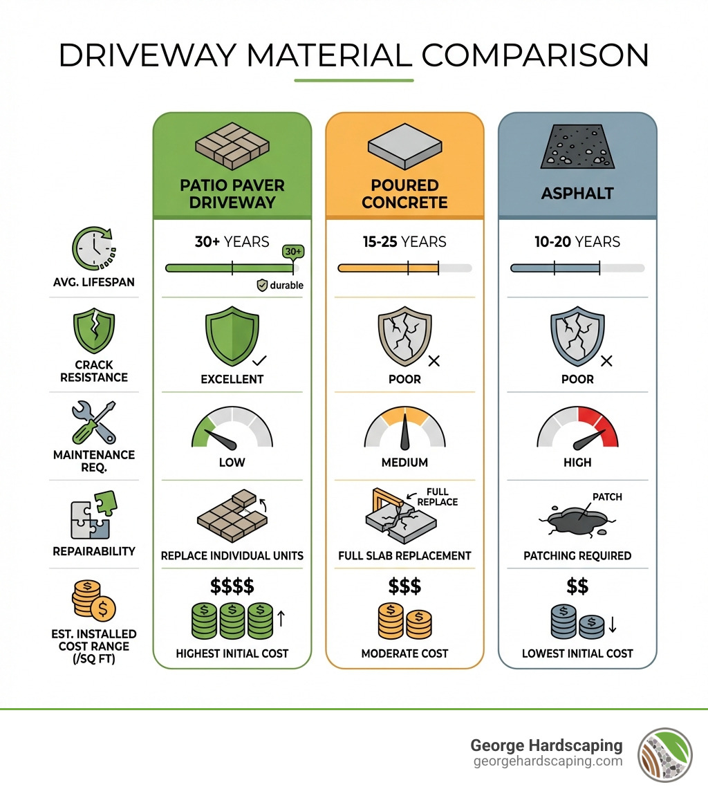 Infographic comparing patio paver driveway vs asphalt vs poured concrete: three vertical columns, each showing material name at top, average lifespan (pavers 30+ years, concrete 15-25 years, asphalt 10-20 years), crack resistance rating (pavers excellent, concrete poor, asphalt poor), maintenance requirements (pavers low, concrete medium, asphalt high), repairability (pavers replace individual units, concrete full slab replacement, asphalt patching required), and estimated installed cost range per square foot at the bottom - patio paver driveway infographic 