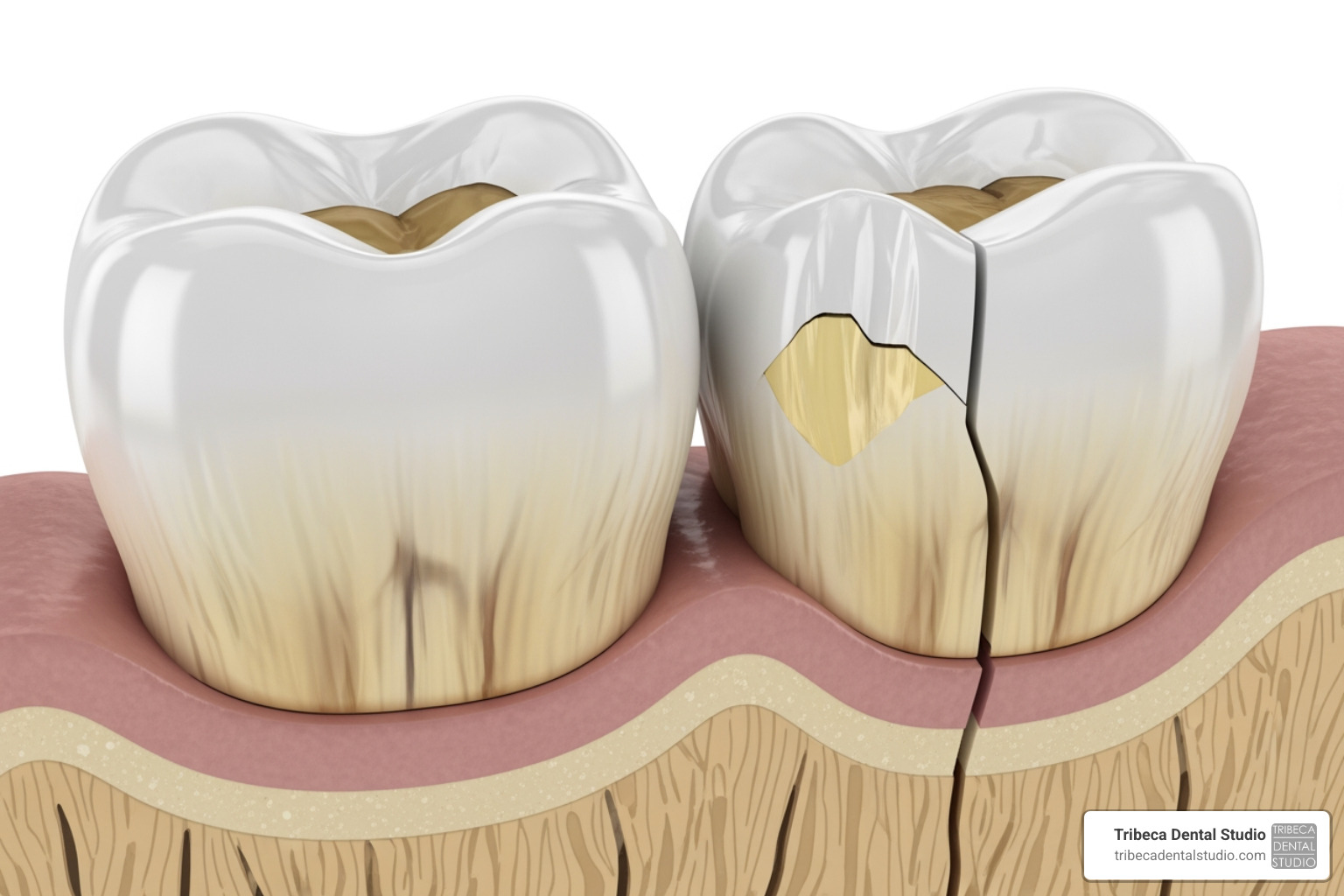 Comparison of enamel vs. dentin exposure showing how a break through the enamel reveals the yellowish dentin layer below - half broken tooth