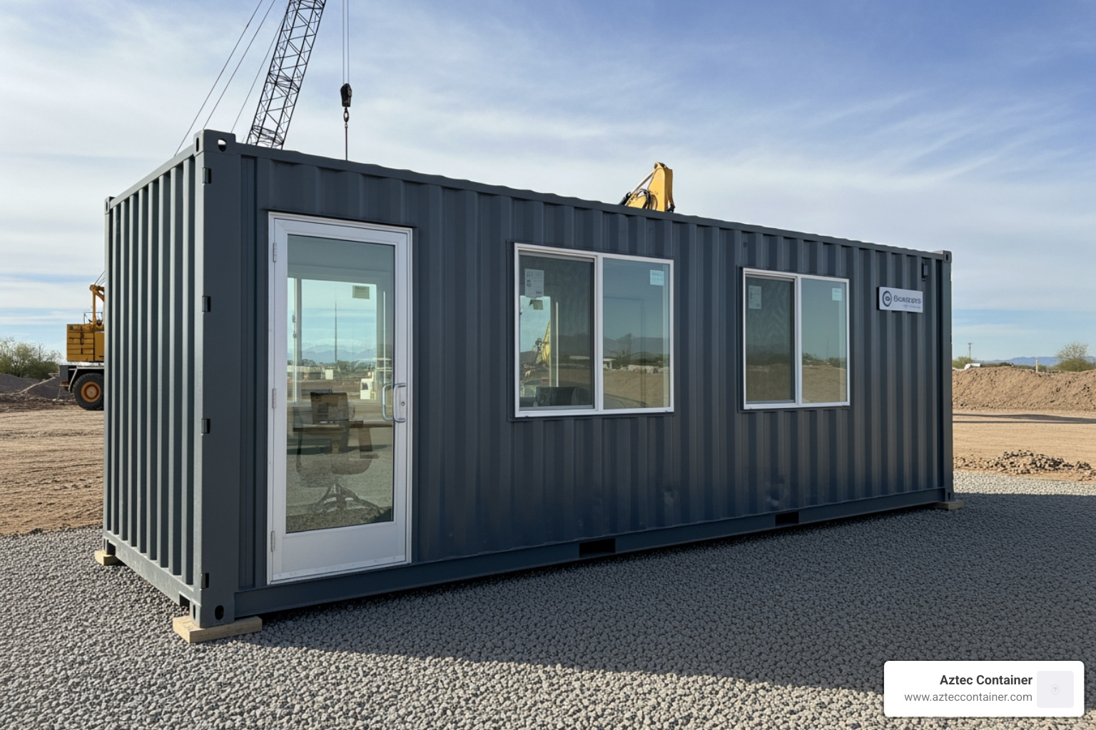 Modern 20ft steel shipping container modified into a professional ground-level office with a glass personnel door and dual-pane windows, sitting on a gravel pad at a Phoenix construction site - shipping container office arizona
