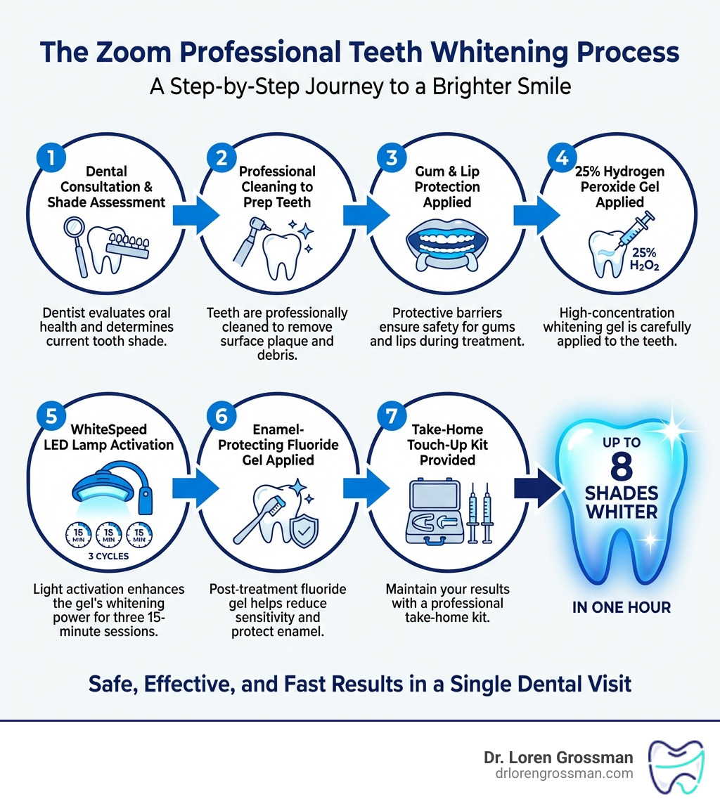 Step-by-step infographic of the Zoom professional teeth whitening process: Step 1 - Dental consultation and shade assessment; Step 2 - Professional cleaning to prep teeth; Step 3 - Gum and lip protection applied; Step 4 - 25% hydrogen peroxide gel applied to teeth; Step 5 - WhiteSpeed LED lamp activated for three 15-minute cycles; Step 6 - Enamel-protecting fluoride gel applied; Step 7 - Take-home touch-up kit provided; Result - Up to 8 shades whiter in one hour - zoom professional teeth whitening infographic Step-by-step infographic of the Zoom professional teeth whitening process: Step 1 - Dental consultation and shade assessment; Step 2 - Professional cleaning to prep teeth; Step 3 - Gum and lip protection applied; Step 4 - 25% hydrogen peroxide gel applied to teeth; Step 5 - WhiteSpeed LED lamp activated for three 15-minute cycles; Step 6 - Enamel-protecting fluoride gel applied; Step 7 - Take-home touch-up kit provided; Result - Up to 8 shades whiter in one hour - zoom professional teeth whitening infographic