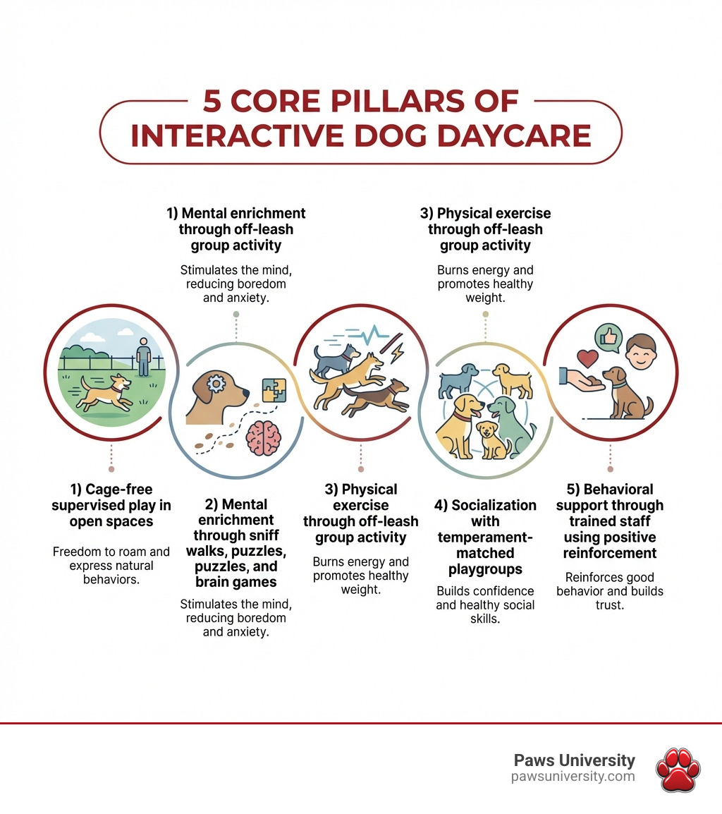 Infographic showing the 5 core pillars of interactive dog daycare: 1) Cage-free supervised play in open spaces, 2) Mental enrichment through sniff walks, puzzles, and brain games, 3) Physical exercise through off-leash group activity, 4) Socialization with temperament-matched playgroups, 5) Behavioral support through trained staff using positive reinforcement — each pillar shown with an icon and a one-line description of its benefit to its dog - interactive dog daycare infographic Infographic showing the 5 core pillars of interactive dog daycare: 1) Cage-free supervised play in open spaces, 2) Mental enrichment through sniff walks, puzzles, and brain games, 3) Physical exercise through off-leash group activity, 4) Socialization with temperament-matched playgroups, 5) Behavioral support through trained staff using positive reinforcement — each pillar shown with an icon and a one-line description of its benefit to its dog - interactive dog daycare infographic