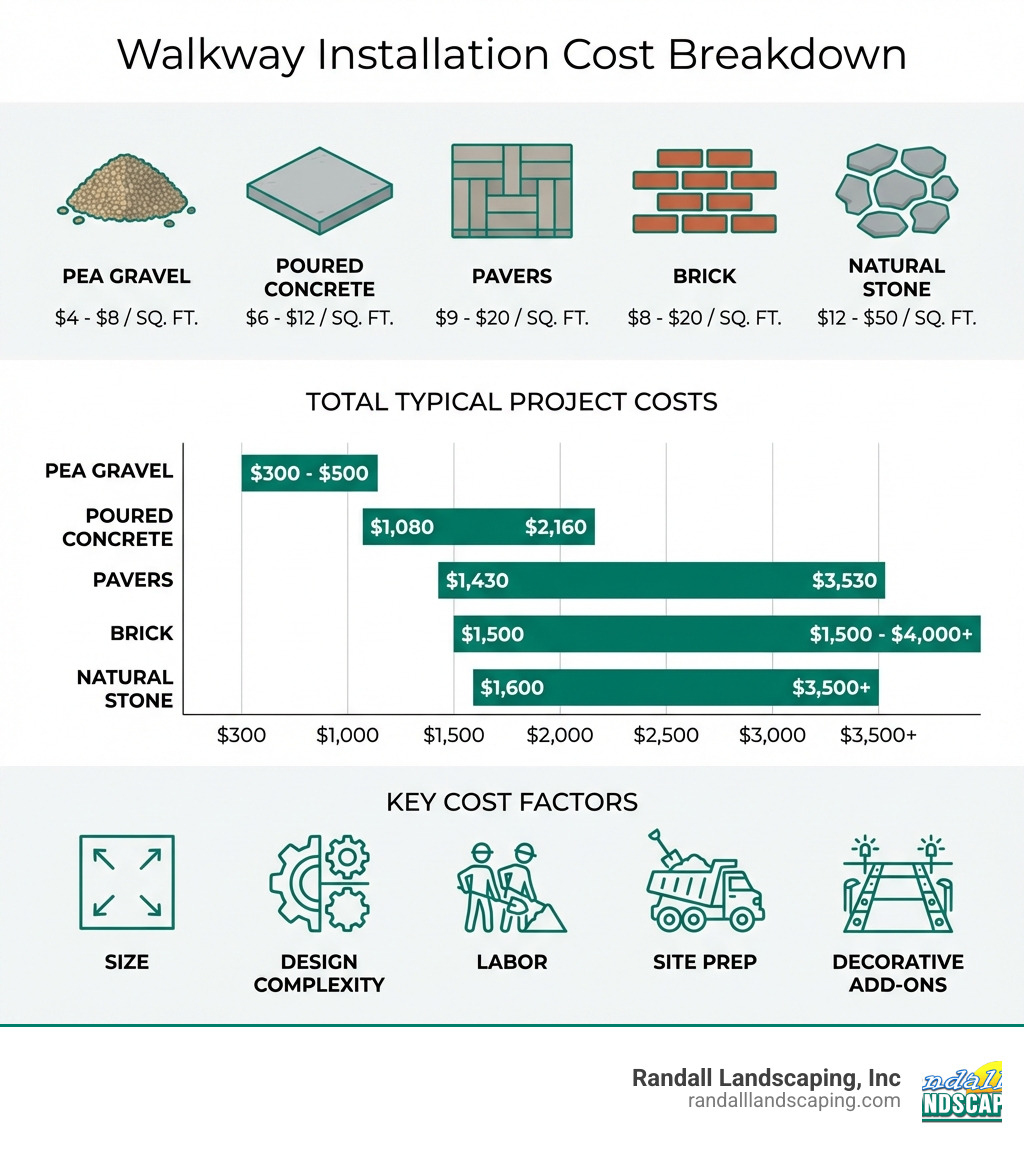Infographic showing walkway installation cost breakdown by material type including pea gravel at $4-$8 per square foot, poured concrete at $6-$12, pavers at $9-$20, brick at $8-$20, and natural stone at $12-$50, with a horizontal bar chart comparing total typical project costs from $300 to $3,500+, and icons representing key cost factors such as size, design complexity, labor, site prep, and decorative add-ons - how much does it cost to have a walkway installed infographic 