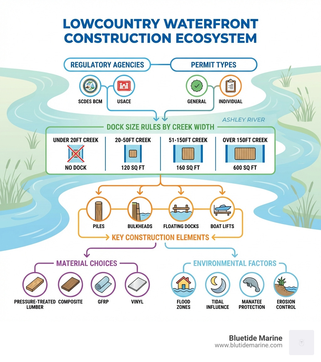 Infographic showing the Lowcountry waterfront construction ecosystem: regulatory agencies (SCDES BCM, USACE), permit types (General vs. Individual), dock size rules by creek width (under 20ft no dock, 20-50ft 120 sq ft, 51-150ft 160 sq ft, over 150ft 600 sq ft), key construction elements (piles, bulkheads, floating docks, boat lifts), material choices (pressure-treated lumber, composite, GFRP, vinyl), and environmental factors (flood zones, tidal influence, manatee protection, erosion control), arranged in a clear flowchart style with the Ashley River as background - lowcountry waterfront construction infographic 