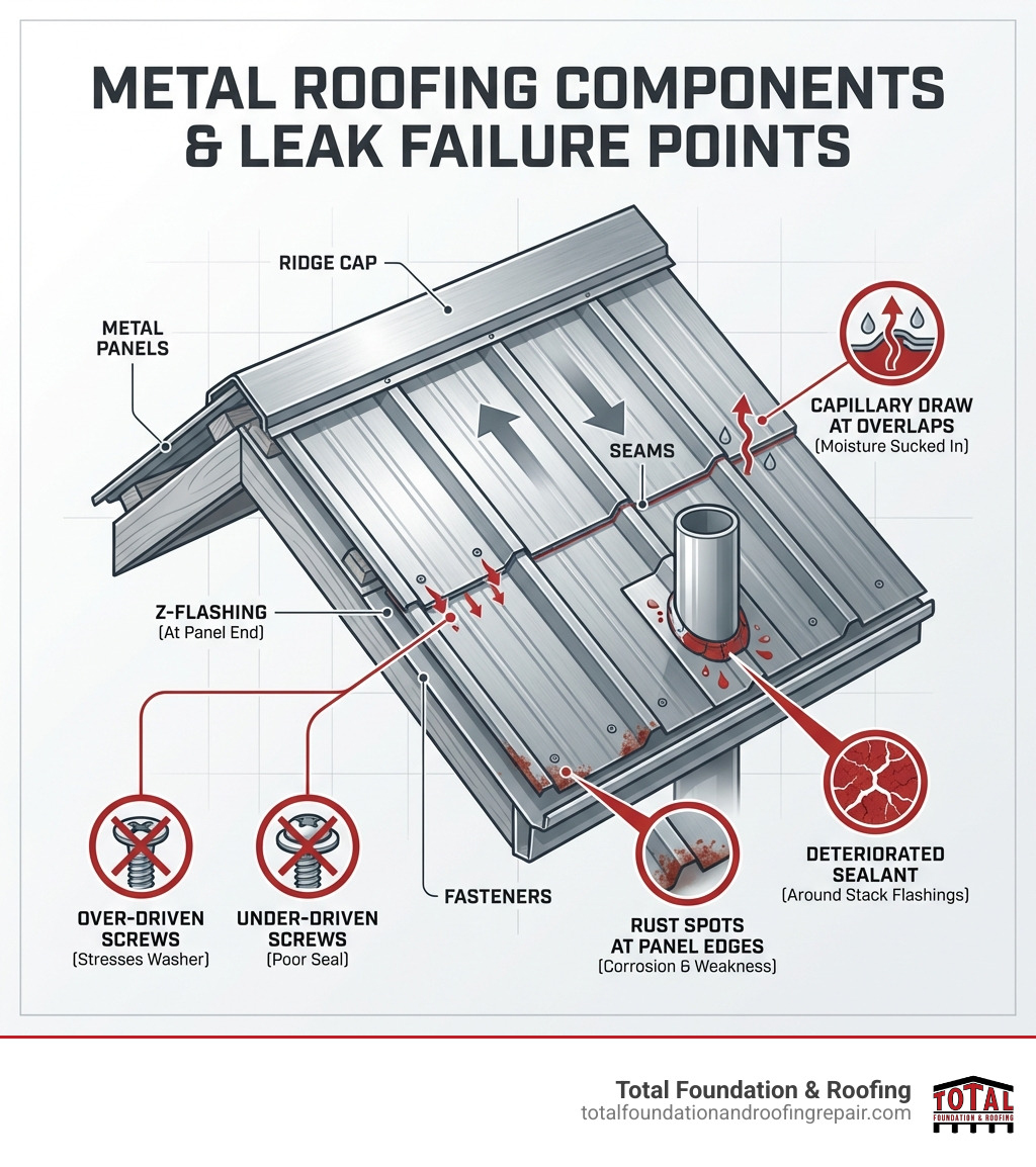 Infographic showing the components of a metal roofing system including panels, fasteners, seams, flashing, ridge caps, and Z-flashings, with callout arrows indicating common failure points such as over-driven or under-driven screws, capillary draw at overlaps, deteriorated sealant around stack flashings, and rust spots at panel edges - fix metal roof leak infographic 