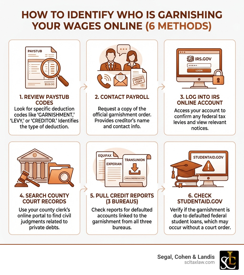Step-by-step infographic showing 6 methods to identify who is garnishing your wages online: 1) Review paystub deduction codes, 2) Contact payroll for the garnishment order copy, 3) Log into IRS online account to check for tax levies, 4) Search county court records for civil judgments, 5) Pull credit reports from all three bureaus at annualcreditreport.com, 6) Check studentaid.gov for defaulted federal student loans — each step illustrated with icons and brief descriptions of what information you'll find - how to find out who is garnishing my wages online infographic 
