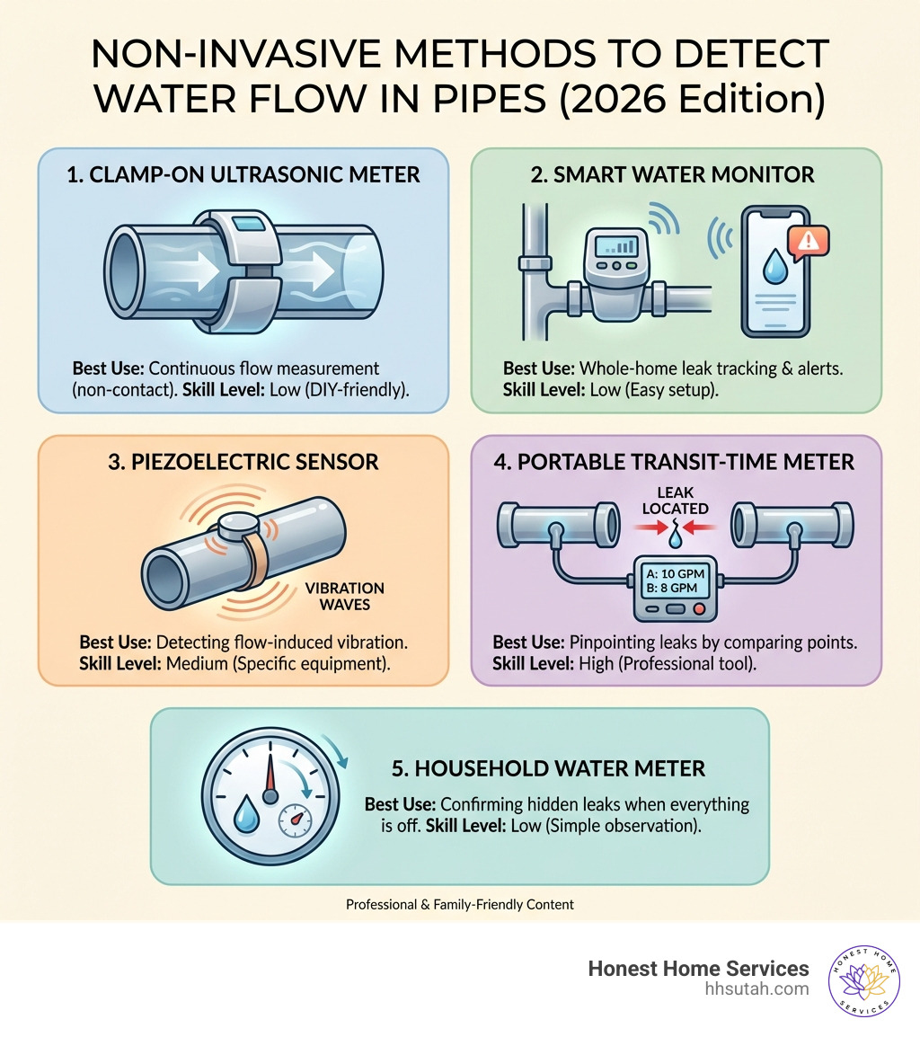 Infographic showing 5 non-invasive methods to detect water flow in pipes: 1) Clamp-on ultrasonic meter attached to pipe exterior with sound wave arrows; 2) Smart water monitor on main supply line with phone alert icon; 3) Piezoelectric sensor clamped to pipe showing vibration waves; 4) Portable transit-time meter comparing flow readings at two pipe locations with a leak indicated between them; 5) Household water meter dial with a drip icon indicating movement at zero usage — each method labeled with its best use case and skill level required - detect water flow in pipe infographic Infographic showing 5 non-invasive methods to detect water flow in pipes: 1) Clamp-on ultrasonic meter attached to pipe exterior with sound wave arrows; 2) Smart water monitor on main supply line with phone alert icon; 3) Piezoelectric sensor clamped to pipe showing vibration waves; 4) Portable transit-time meter comparing flow readings at two pipe locations with a leak indicated between them; 5) Household water meter dial with a drip icon indicating movement at zero usage — each method labeled with its best use case and skill level required - detect water flow in pipe infographic