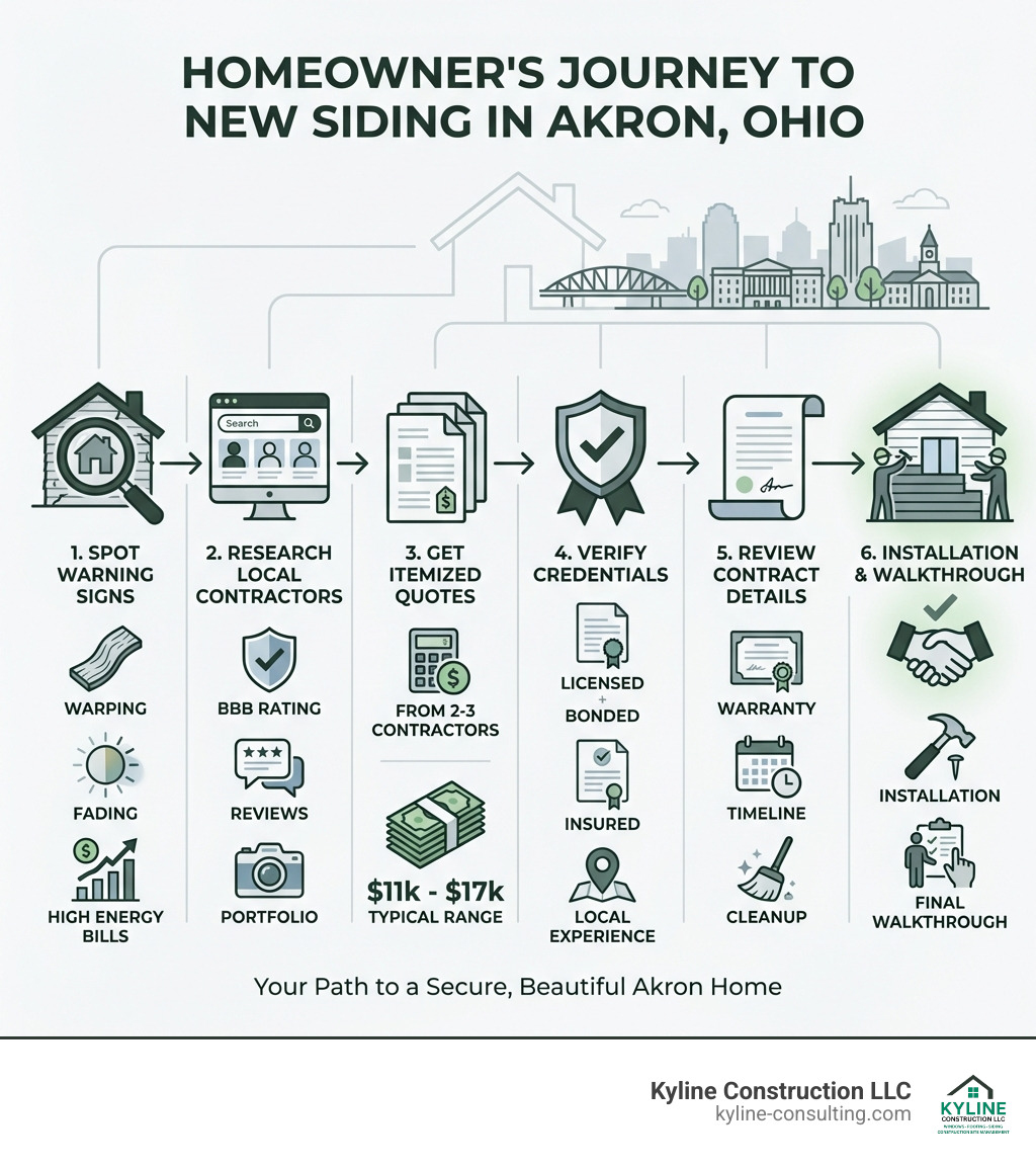 Infographic showing the homeowner's journey to new siding in Akron, Ohio: Step 1 - Spot the warning signs (warping, fading, high energy bills); Step 2 - Research local contractors (check BBB rating, reviews, portfolio); Step 3 - Get itemized quotes from 2-3 contractors ($11k-$17k typical range); Step 4 - Verify credentials (licensed, bonded, insured, local experience); Step 5 - Review contract details (warranty, timeline, cleanup); Step 6 - Installation and final walkthrough - siding contractors akron ohio infographic Infographic showing the homeowner's journey to new siding in Akron, Ohio: Step 1 - Spot the warning signs (warping, fading, high energy bills); Step 2 - Research local contractors (check BBB rating, reviews, portfolio); Step 3 - Get itemized quotes from 2-3 contractors ($11k-$17k typical range); Step 4 - Verify credentials (licensed, bonded, insured, local experience); Step 5 - Review contract details (warranty, timeline, cleanup); Step 6 - Installation and final walkthrough - siding contractors akron ohio infographic