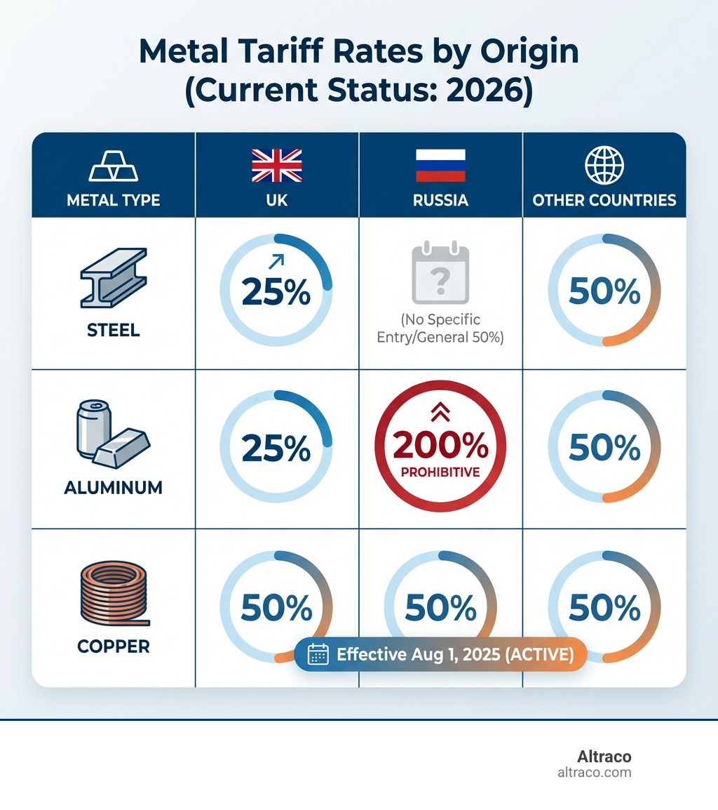 Table comparing metal tariff rates by country of origin for steel, aluminum, and copper. Steel: UK 25%, Russia (no specific entry/general 50%), Other 50%. Aluminum: UK 25%, Russia 200%, Other 50%. Copper: All 50% (effective Aug 1, 2025). - current tariff rates infographic 