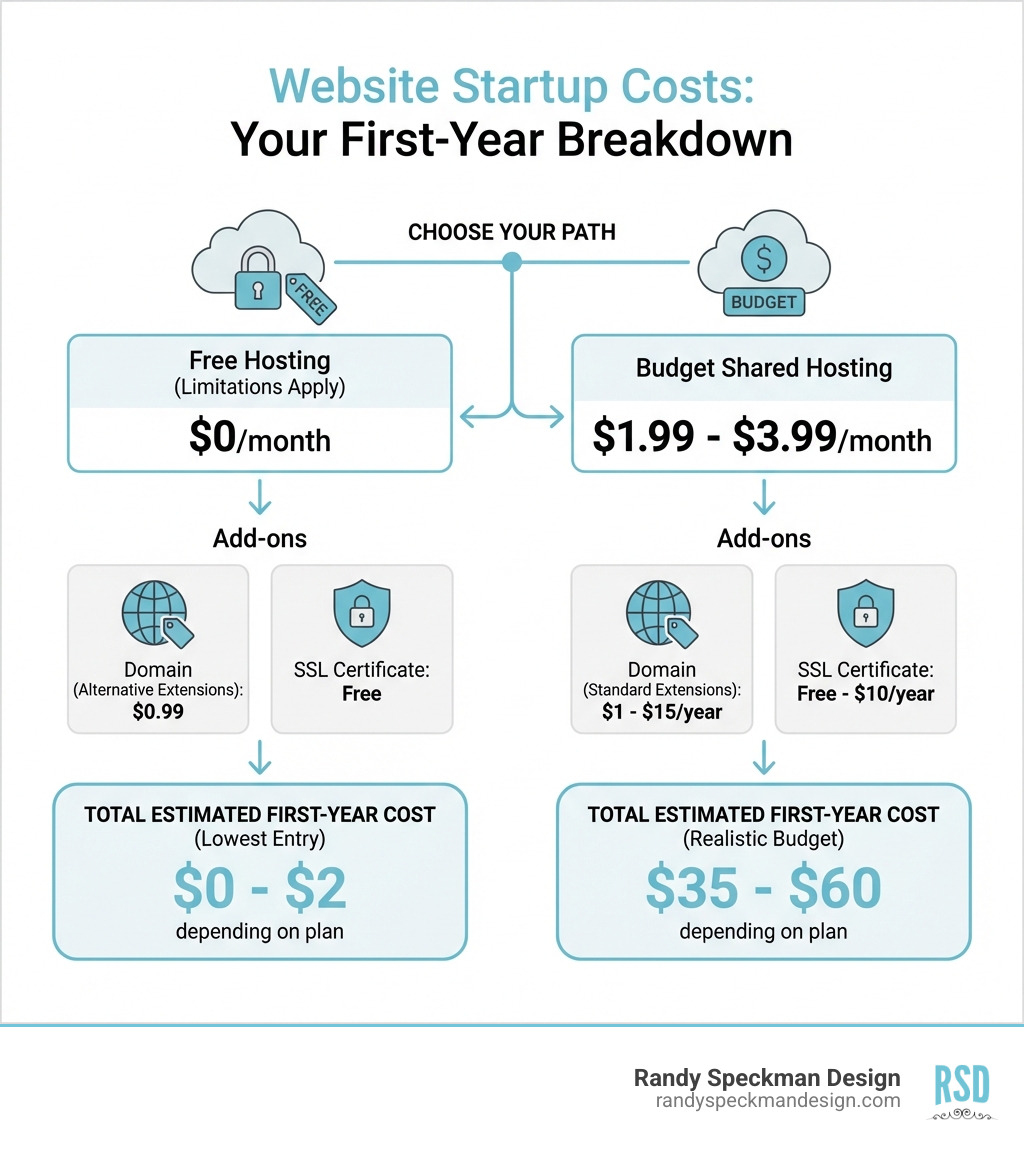 Infographic showing the breakdown of website startup costs including free hosting at $0/month with limitations, budget shared hosting at $1.99-$3.99/month, domain registration at $1-$15/year for standard extensions or $0.99 for alternative extensions, SSL certificate at free to $10/year, and total estimated first-year cost ranging from $0 to $60 depending on plan chosen - cheapest online website infographic 