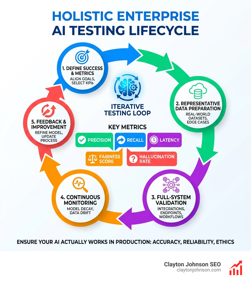 Infographic showing the holistic enterprise AI testing lifecycle: five stages from defining success criteria and selecting business-aligned metrics, through representative dataset preparation and full-system validation covering integrations and endpoints, to continuous production monitoring for model decay and data drift — with icons for each stage, arrows showing the iterative loop, and callouts for key metrics including precision, recall, latency, fairness score, and hallucination rate, on a clean white corporate background - How test enterprise models infographic 