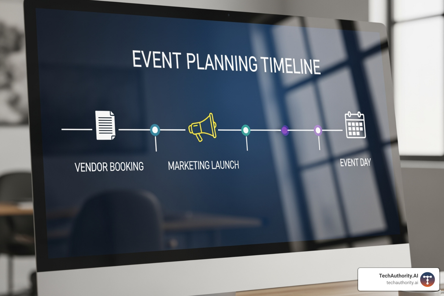 A professional event planning timeline displaying a horizontal axis with various milestones like vendor booking, marketing launch, and event day, each represented by unique icons and labels - excel event timeline template
