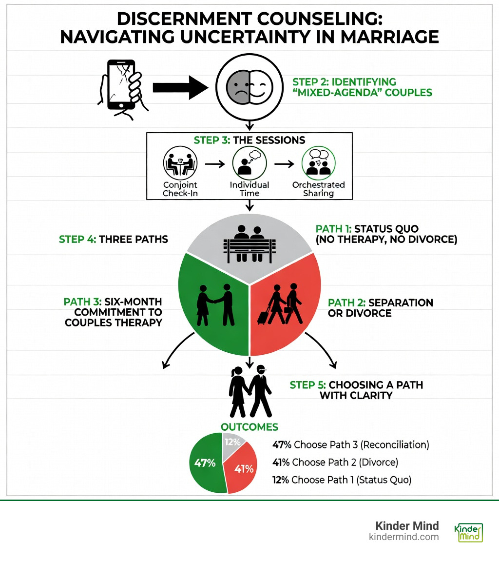 Infographic showing a flowchart of the discernment counseling process: Step 1 - Couple contacts therapist during marital crisis; Step 2 - Therapist identifies if couple is 'mixed-agenda' (one leaning out, one leaning in); Step 3 - Sessions begin: conjoint check-in, then individual time with each partner, then orchestrated sharing; Step 4 - Three paths presented: Path 1 Status Quo (no therapy, no divorce), Path 2 Separation or Divorce, Path 3 Six-month commitment to couples therapy; Step 5 - Couple chooses a path with clarity and confidence; Outcome data shown: 47% choose Path 3 reconciliation, 41% choose Path 2 divorce, 12% choose Path 1 status quo - helping couples on the brink of divorce infographic Infographic showing a flowchart of the discernment counseling process: Step 1 - Couple contacts therapist during marital crisis; Step 2 - Therapist identifies if couple is 'mixed-agenda' (one leaning out, one leaning in); Step 3 - Sessions begin: conjoint check-in, then individual time with each partner, then orchestrated sharing; Step 4 - Three paths presented: Path 1 Status Quo (no therapy, no divorce), Path 2 Separation or Divorce, Path 3 Six-month commitment to couples therapy; Step 5 - Couple chooses a path with clarity and confidence; Outcome data shown: 47% choose Path 3 reconciliation, 41% choose Path 2 divorce, 12% choose Path 1 status quo - helping couples on the brink of divorce infographic