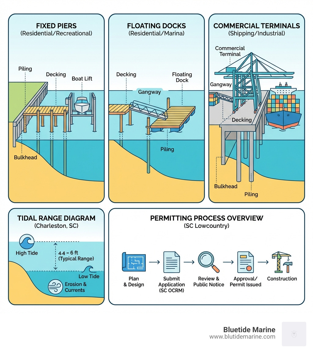 Infographic showing the main types of docks in Charleston SC including fixed piers, floating docks, and commercial terminals, with labels for key components like pilings, decking materials, gangways, boat lifts, and bulkheads, alongside a tidal range diagram and a permitting process overview for the South Carolina Lowcountry - docks charleston sc infographic Infographic showing the main types of docks in Charleston SC including fixed piers, floating docks, and commercial terminals, with labels for key components like pilings, decking materials, gangways, boat lifts, and bulkheads, alongside a tidal range diagram and a permitting process overview for the South Carolina Lowcountry - docks charleston sc infographic