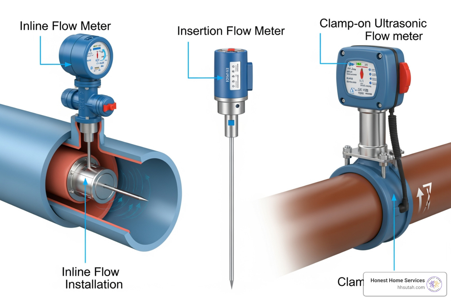 Comparison of different water flow meter types including clamp-on, insertion, and inline models - detect water flow in pipe Comparison of different water flow meter types including clamp-on, insertion, and inline models - detect water flow in pipe