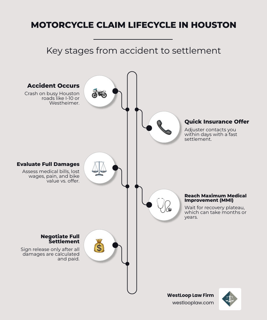 Infographic showing the motorcycle claim lifecycle in Houston: 1. Accident occurs on Houston road (e.g. I-10 or Westheimer), 2. Insurance company contacts claimant with quick offer (often within days), 3. Claimant evaluates offer vs. full damages (medical bills, lost wages, pain and suffering, bike value), 4. Decision point: accept early offer or wait for Maximum Medical Improvement (MMI), 5. MMI reached (can take months to years for serious injuries), 6. Full settlement negotiated with all damages calculated, 7. Release form signed and payout received — final and non-reversible - Fast settlement motorcycle claim infographic infographic-line-5-steps-elegant_beige Infographic showing the motorcycle claim lifecycle in Houston: 1. Accident occurs on Houston road (e.g. I-10 or Westheimer), 2. Insurance company contacts claimant with quick offer (often within days), 3. Claimant evaluates offer vs. full damages (medical bills, lost wages, pain and suffering, bike value), 4. Decision point: accept early offer or wait for Maximum Medical Improvement (MMI), 5. MMI reached (can take months to years for serious injuries), 6. Full settlement negotiated with all damages calculated, 7. Release form signed and payout received — final and non-reversible - Fast settlement motorcycle claim infographic infographic-line-5-steps-elegant_beige