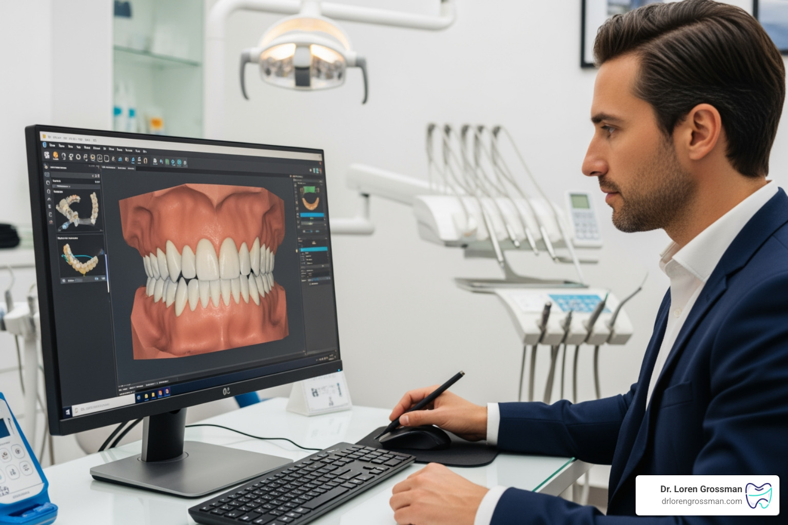digital smile design technology showing a 3D model of a patient's teeth being adjusted on a computer screen - smile makeover near me