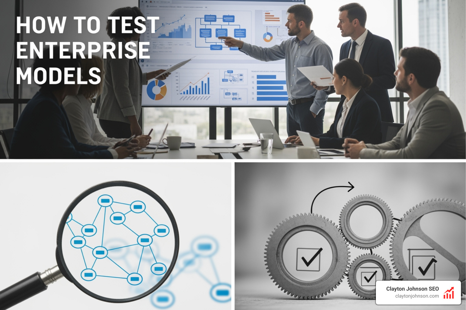 Graphic comparing a massive general LLM with a specialized enterprise model: general model shown as a giant, unfocused cloud; specialized model shown as a sharp, precise gear fitting into a business workflow - How test enterprise models