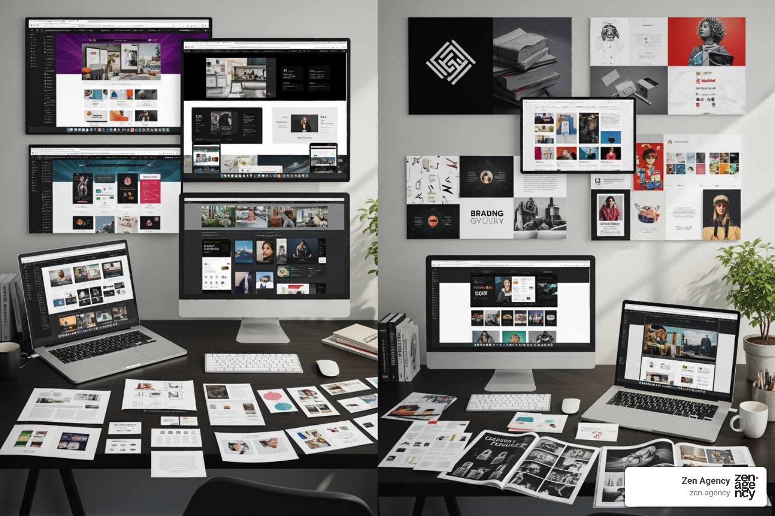 A diverse design portfolio displayed on multiple screens and print layouts, showcasing branding, web design, and marketing collateral - graphic design agency A diverse design portfolio displayed on multiple screens and print layouts, showcasing branding, web design, and marketing collateral - graphic design agency
