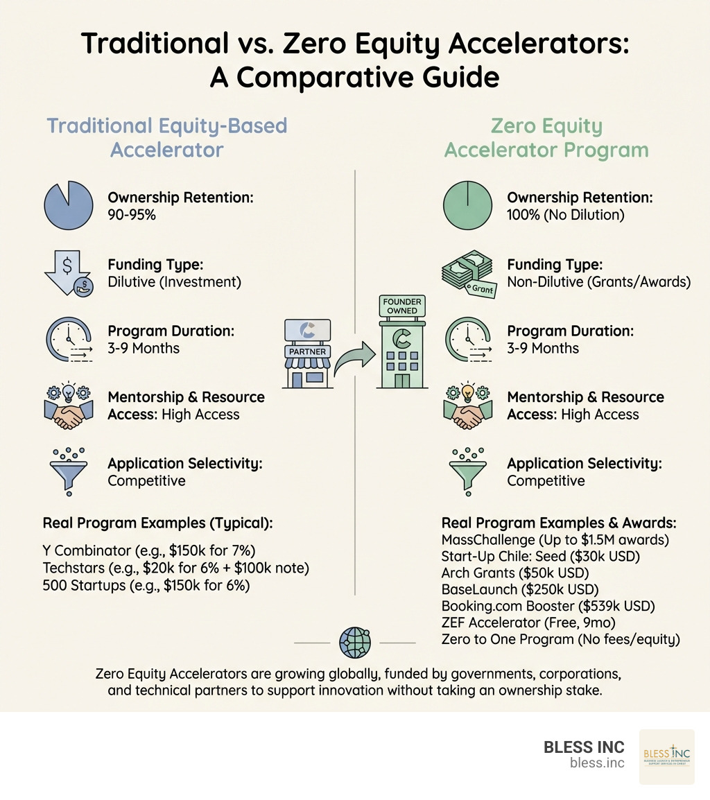 Infographic showing the key differences between traditional equity-based accelerators and zero equity accelerator programs, including a side-by-side comparison of ownership retention percentages, funding types (dilutive vs non-dilutive grants), typical program duration of 3-9 months, mentorship and resource access, application selectivity, and examples of real programs in each category with their funding amounts - zero equity accelerator program infographic Infographic showing the key differences between traditional equity-based accelerators and zero equity accelerator programs, including a side-by-side comparison of ownership retention percentages, funding types (dilutive vs non-dilutive grants), typical program duration of 3-9 months, mentorship and resource access, application selectivity, and examples of real programs in each category with their funding amounts - zero equity accelerator program infographic