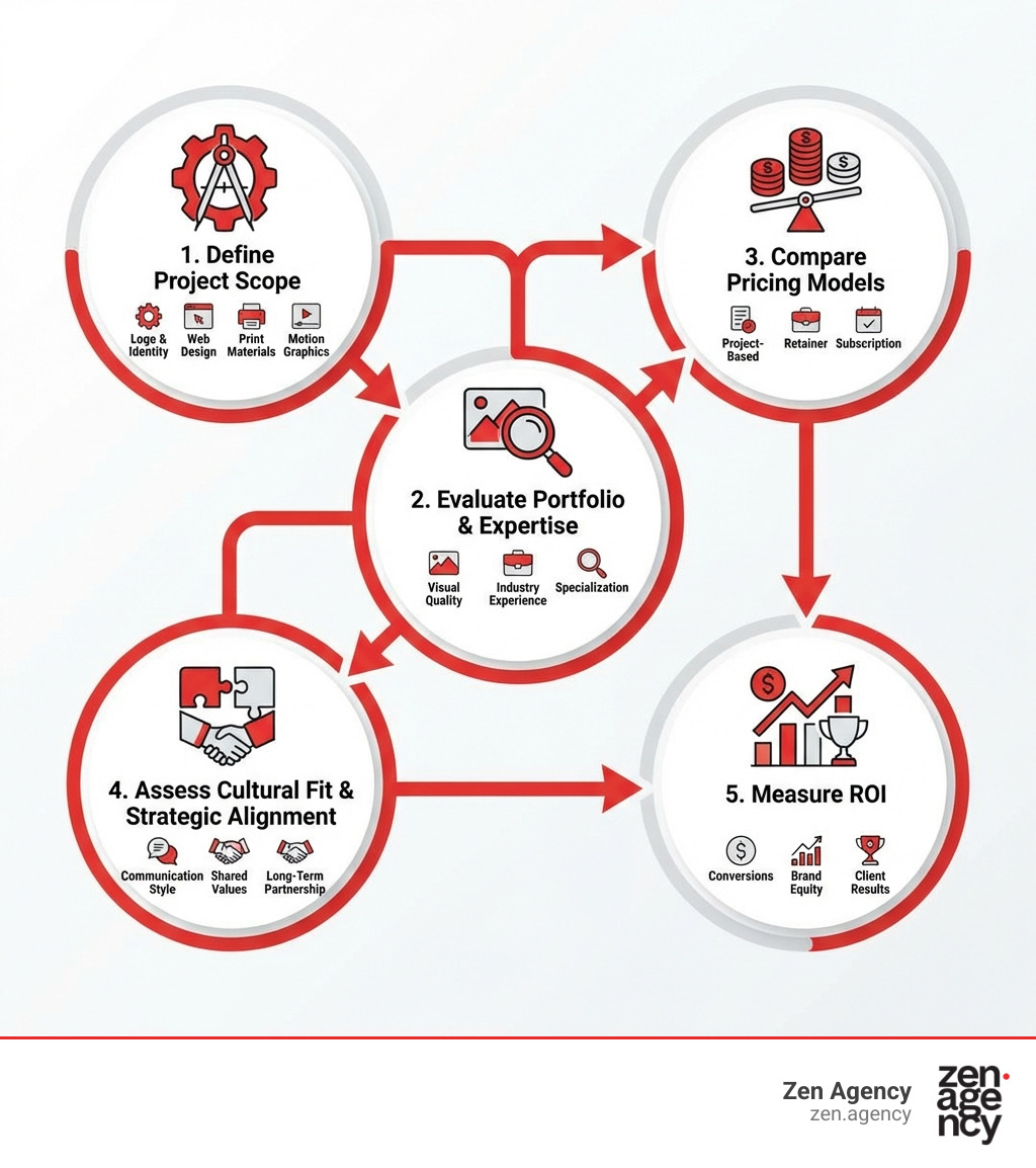Infographic showing the graphic design agency selection process: Step 1 Define project scope (logo, web, print, motion), Step 2 Evaluate portfolio and expertise, Step 3 Compare pricing models (project-based vs retainer vs subscription), Step 4 Assess cultural fit and strategic alignment, Step 5 Measure ROI through conversions, brand equity, and client results - graphic design agency infographic Infographic showing the graphic design agency selection process: Step 1 Define project scope (logo, web, print, motion), Step 2 Evaluate portfolio and expertise, Step 3 Compare pricing models (project-based vs retainer vs subscription), Step 4 Assess cultural fit and strategic alignment, Step 5 Measure ROI through conversions, brand equity, and client results - graphic design agency infographic