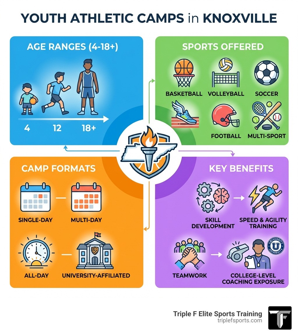 Infographic showing types of youth athletic camps in Knoxville, age ranges (4-18+), sports offered (basketball, volleyball, soccer, track, football, multi-sport), camp formats (single-day, multi-day, all-day, collegiate-affiliated), and key benefits including skill development, speed and agility training, teamwork, and college-level coaching exposure - youth athletic camps Knoxville infographic Infographic showing types of youth athletic camps in Knoxville, age ranges (4-18+), sports offered (basketball, volleyball, soccer, track, football, multi-sport), camp formats (single-day, multi-day, all-day, collegiate-affiliated), and key benefits including skill development, speed and agility training, teamwork, and college-level coaching exposure - youth athletic camps Knoxville infographic