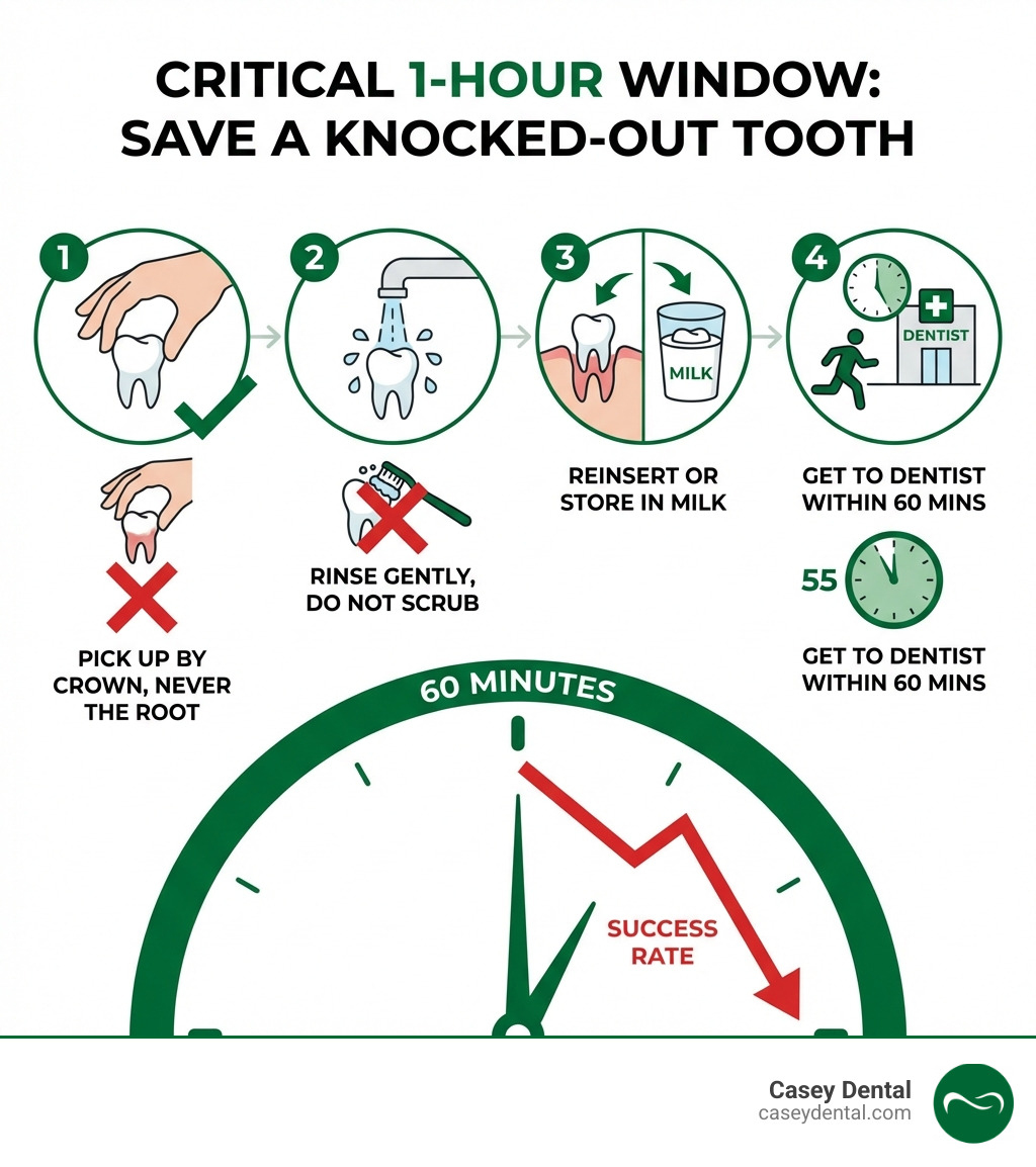 Step-by-step infographic showing the critical one-hour window for saving a knocked-out tooth: Step 1 - Pick up tooth by crown, never the root; Step 2 - Rinse gently with water, do not scrub; Step 3 - Try to reinsert in socket or store in milk; Step 4 - Get to an emergency dentist within 60 minutes; with a clock graphic showing success rates dropping sharply after one hour - emergency dental open now infographic 