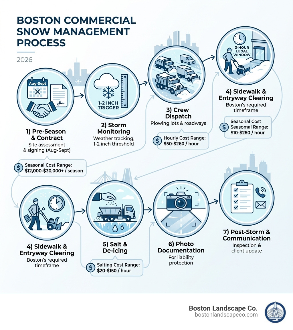 Infographic showing the commercial snow management process in Boston: 1) Pre-season site assessment and contract signing in August-September, 2) Storm monitoring with 1-2 inch trigger threshold, 3) Crew dispatch for plowing parking lots and roadways, 4) Sidewalk and entryway clearing within Boston's 3-hour legal window, 5) Salt and de-icing application, 6) Photo documentation for liability protection, 7) Post-storm inspection and client communication; includes cost range callouts: hourly $50-$260, seasonal $12,000-$30,000+, salting $20-$150/hr - Commercial snow removal cost Boston infographic Infographic showing the commercial snow management process in Boston: 1) Pre-season site assessment and contract signing in August-September, 2) Storm monitoring with 1-2 inch trigger threshold, 3) Crew dispatch for plowing parking lots and roadways, 4) Sidewalk and entryway clearing within Boston's 3-hour legal window, 5) Salt and de-icing application, 6) Photo documentation for liability protection, 7) Post-storm inspection and client communication; includes cost range callouts: hourly $50-$260, seasonal $12,000-$30,000+, salting $20-$150/hr - Commercial snow removal cost Boston infographic