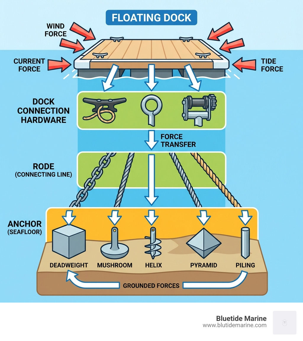 Infographic showing the three core components of a floating dock mooring system: the anchor (deadweight, mushroom, helix, pyramid, or piling embedded in the seafloor), the rode (chain, cable, or rope connecting anchor to dock), and the dock connection hardware (cleats, pile loops, or roller assemblies attached to the dock frame), with arrows showing how forces from wind, current, and tide are transferred through each component - Floating dock mooring systems infographic Infographic showing the three core components of a floating dock mooring system: the anchor (deadweight, mushroom, helix, pyramid, or piling embedded in the seafloor), the rode (chain, cable, or rope connecting anchor to dock), and the dock connection hardware (cleats, pile loops, or roller assemblies attached to the dock frame), with arrows showing how forces from wind, current, and tide are transferred through each component - Floating dock mooring systems infographic