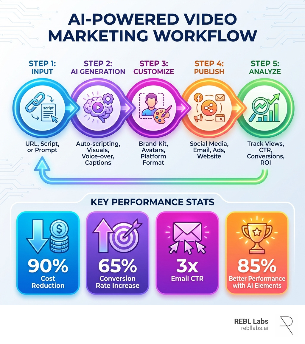 Infographic showing the AI video marketing workflow: Step 1 - Input (URL, script, or prompt); Step 2 - AI Generation (auto-scripting, visuals, voice-over, captions); Step 3 - Customize (brand kit, avatars, platform format); Step 4 - Publish (social media, email, ads, website); Step 5 - Analyze (track views, CTR, conversions, ROI); with key stats: 90% cost reduction, 65% conversion rate increase, 3x email CTR, 85% better performance with AI elements - AI powered video marketing infographic Infographic showing the AI video marketing workflow: Step 1 - Input (URL, script, or prompt); Step 2 - AI Generation (auto-scripting, visuals, voice-over, captions); Step 3 - Customize (brand kit, avatars, platform format); Step 4 - Publish (social media, email, ads, website); Step 5 - Analyze (track views, CTR, conversions, ROI); with key stats: 90% cost reduction, 65% conversion rate increase, 3x email CTR, 85% better performance with AI elements - AI powered video marketing infographic