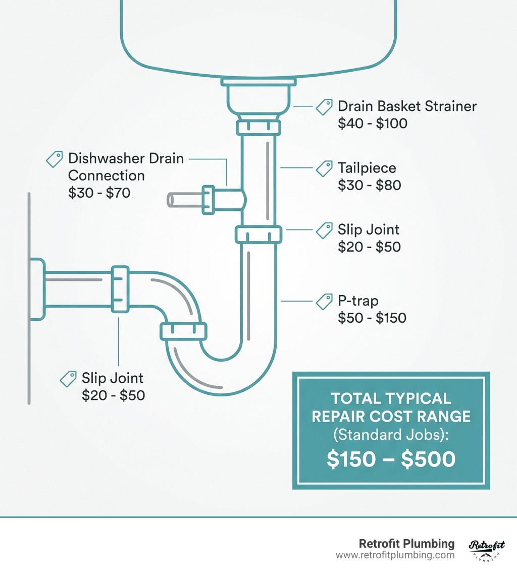 Infographic showing the components of under-sink plumbing including the P-trap, tailpiece, drain basket strainer, slip joints, and dishwasher drain connection, with labeled cost ranges for each component and a total typical repair cost range of $150 to $500 for standard jobs - cost to replace pipes under kitchen sink infographic 