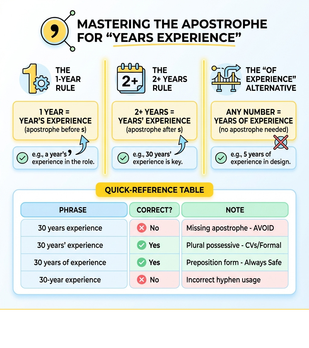 Infographic showing the plural possessive apostrophe rule for years experience: 1 year = year's experience (apostrophe before s), 2+ years = years' experience (apostrophe after s), any number = years of experience (no apostrophe needed); with examples and a quick-reference table comparing correct and incorrect forms - 30 years experience infographic Infographic showing the plural possessive apostrophe rule for years experience: 1 year = year's experience (apostrophe before s), 2+ years = years' experience (apostrophe after s), any number = years of experience (no apostrophe needed); with examples and a quick-reference table comparing correct and incorrect forms - 30 years experience infographic