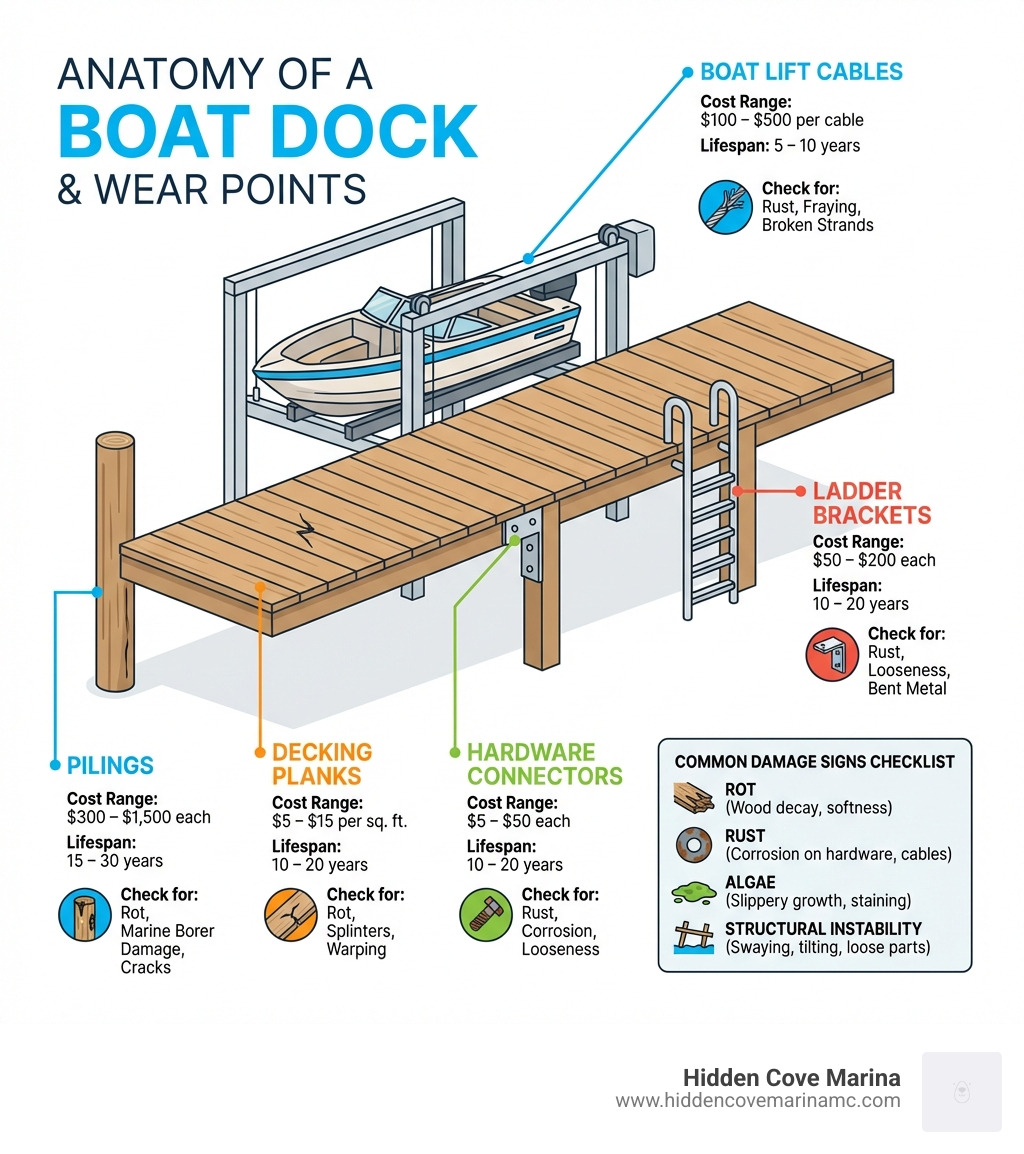 Infographic showing the anatomy of a boat dock with labeled wear points including pilings, decking planks, hardware connectors, boat lift cables, and ladder brackets — with cost ranges and typical lifespan for each component, plus a checklist of common damage signs like rot, rust, algae, and structural instability - boat dock repairs near me infographic Infographic showing the anatomy of a boat dock with labeled wear points including pilings, decking planks, hardware connectors, boat lift cables, and ladder brackets — with cost ranges and typical lifespan for each component, plus a checklist of common damage signs like rot, rust, algae, and structural instability - boat dock repairs near me infographic
