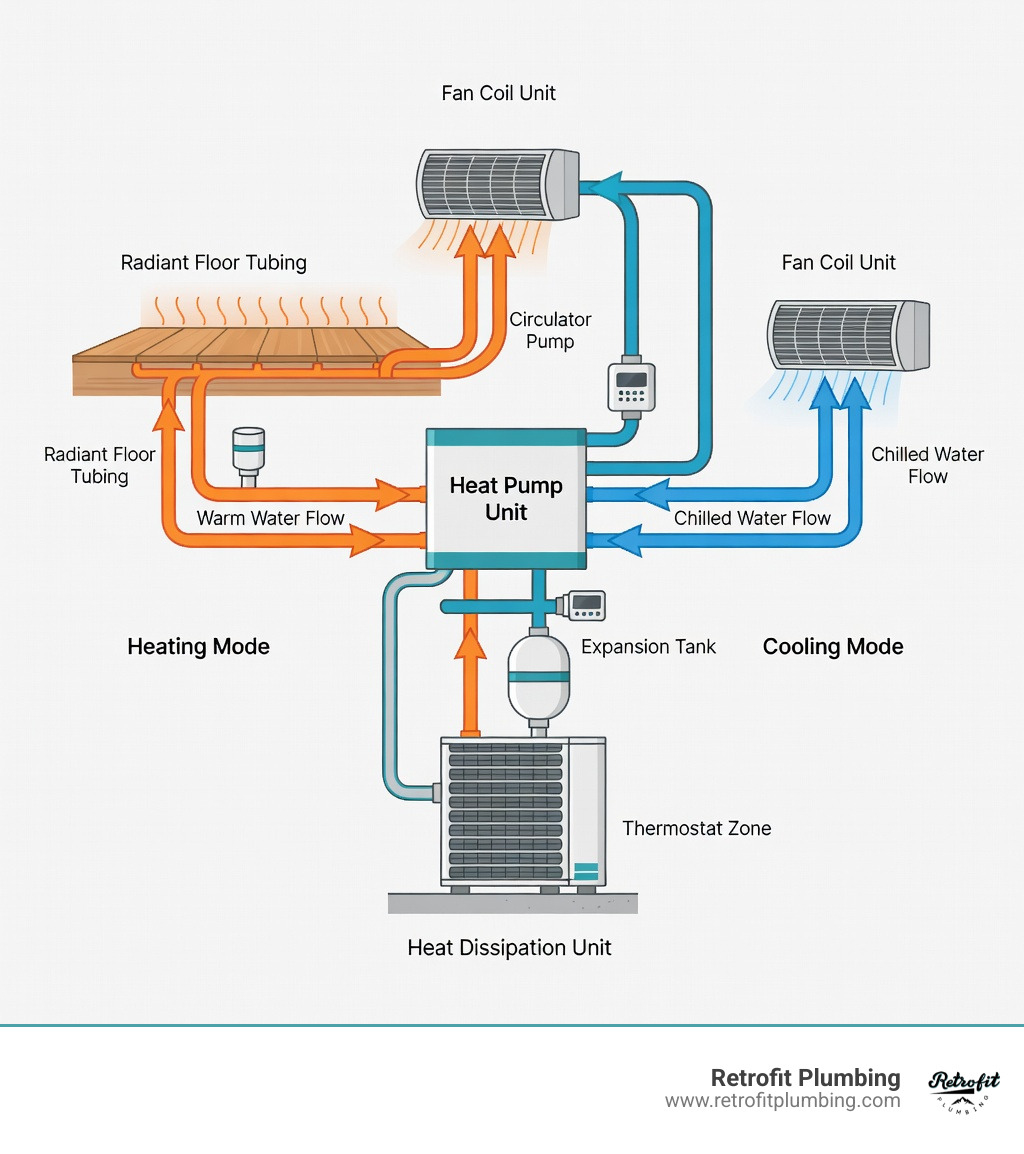 Infographic showing the hydronic heating and cooling cycle: a central heat pump connected to a closed-loop pipe network, with arrows indicating warm water flow to radiant floor tubing and fan coil units in heating mode, and chilled water flow absorbing room heat in cooling mode, with labeled components including circulator pump, expansion tank, thermostat zones, and heat dissipation unit - hydronic heating cooling system infographic 