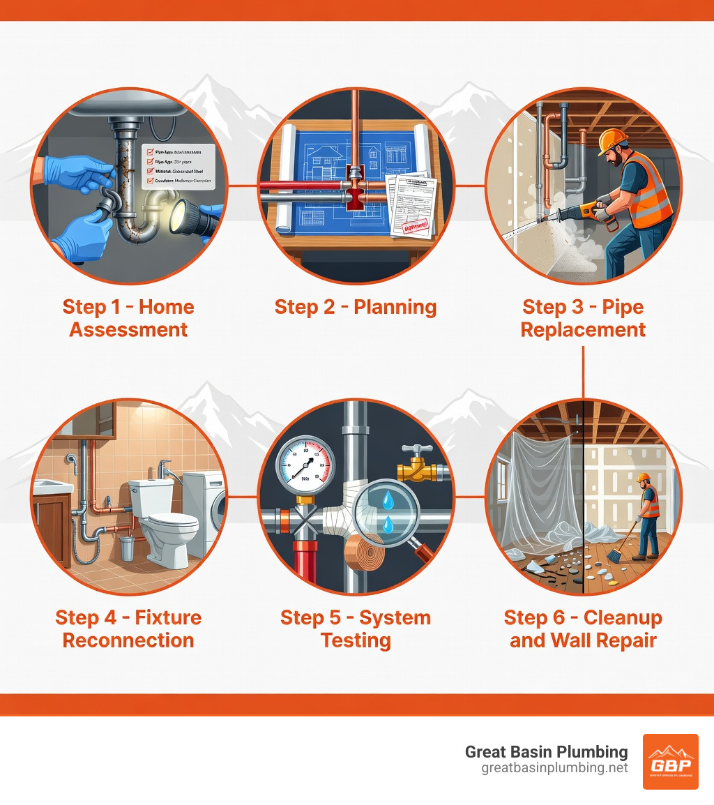 Infographic showing the step-by-step pipe repiping process: Step 1 - Home Assessment (plumber inspects pipe age, material, and condition); Step 2 - Planning (layout mapped, materials selected such as PEX or copper, permits pulled); Step 3 - Pipe Replacement (old pipes removed, new pipes installed through walls and crawlspaces); Step 4 - Fixture Reconnection (faucets, toilets, and appliances reconnected to new lines); Step 5 - System Testing (water turned on, pressure checked, leaks inspected); Step 6 - Cleanup and Wall Repair (drywall patched, plastic sheeting removed, home restored) - pipe repiping utah infographic 