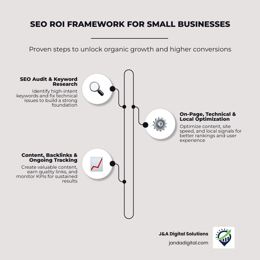 Infographic showing the SEO ROI framework for small businesses: Step 1 - SEO Audit and keyword research foundation; Step 2 - On-page, technical, and local SEO optimization; Step 3 - Content creation and backlink building; Step 4 - Monthly reporting and KPI tracking; Step 5 - Scale and ongoing optimization. Key stats: 25% monthly organic traffic increase, 75% higher conversion rates, 83% trust rating increase, results timeline 60-180 days, monthly cost range $750-$5000+ - seo agency for small businesses infographic infographic-line-3-steps-elegant_beige