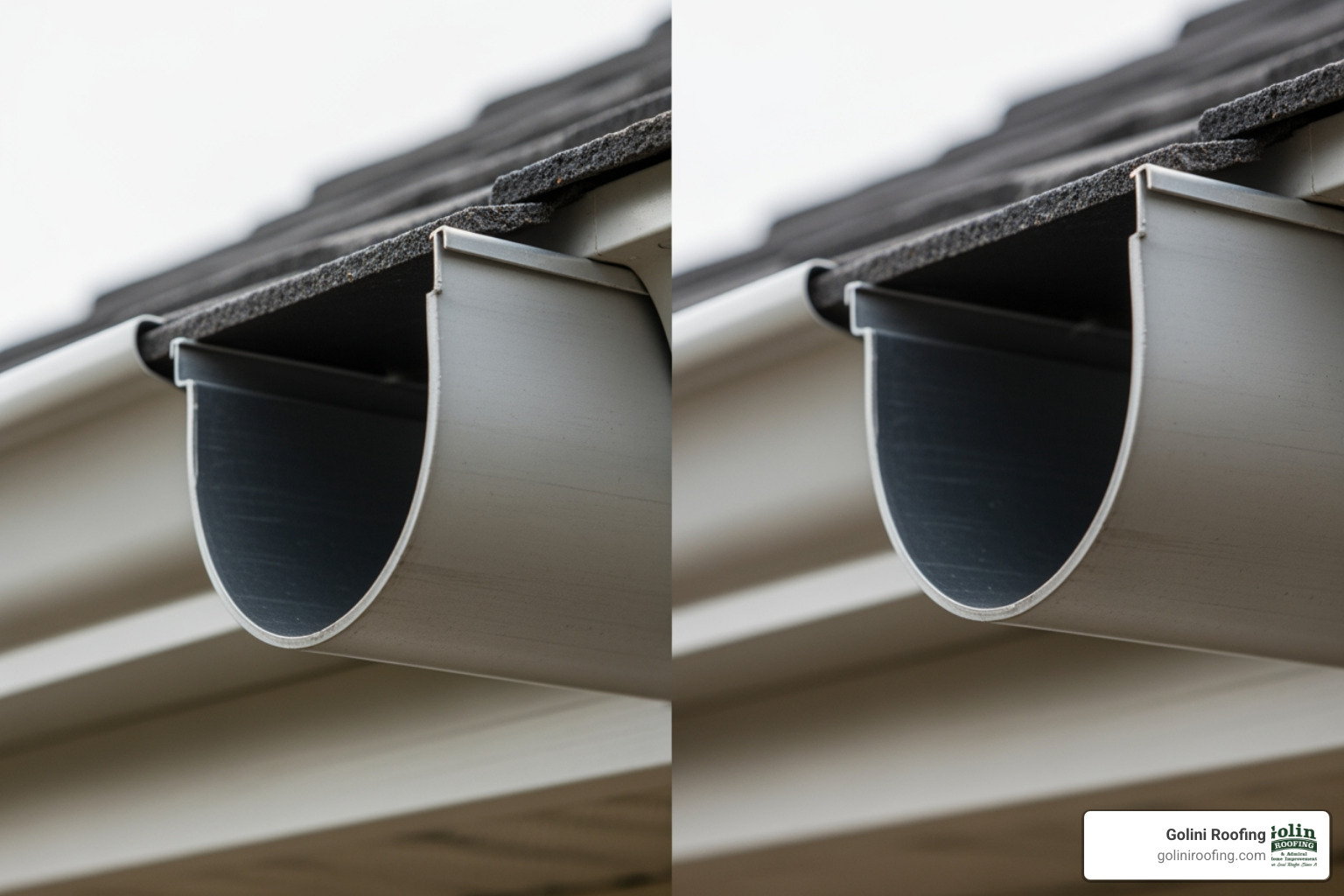 Close-up of different seamless gutter profiles: K-style with its crown-molding look and Half-round with its classic trough shape - Seamless Gutters Close-up of different seamless gutter profiles: K-style with its crown-molding look and Half-round with its classic trough shape - Seamless Gutters