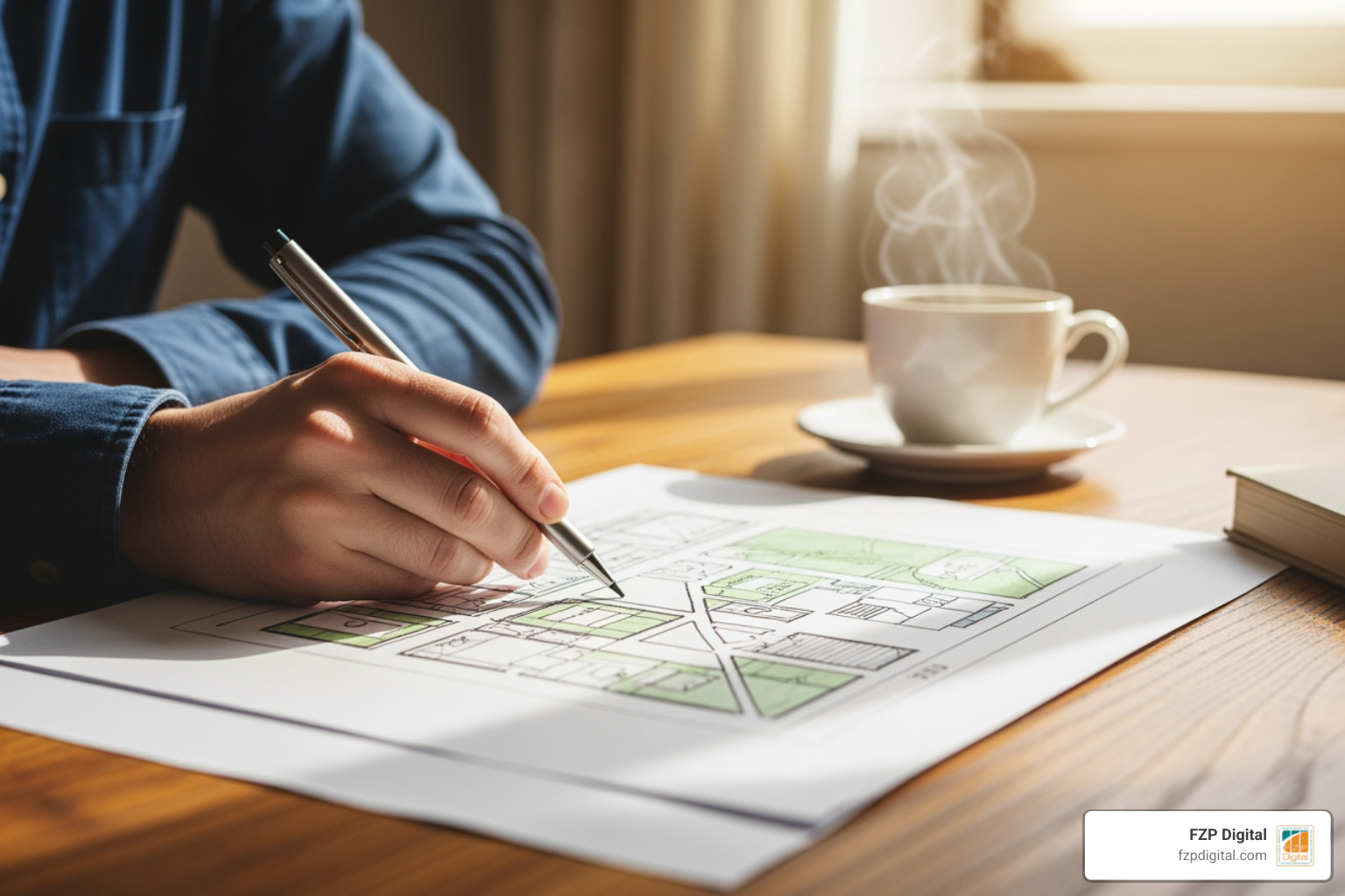 A person sketching a sitemap blueprint on a wooden table with a cup of coffee nearby - web design with wordpress everything from beginning to end A person sketching a sitemap blueprint on a wooden table with a cup of coffee nearby - web design with wordpress everything from beginning to end