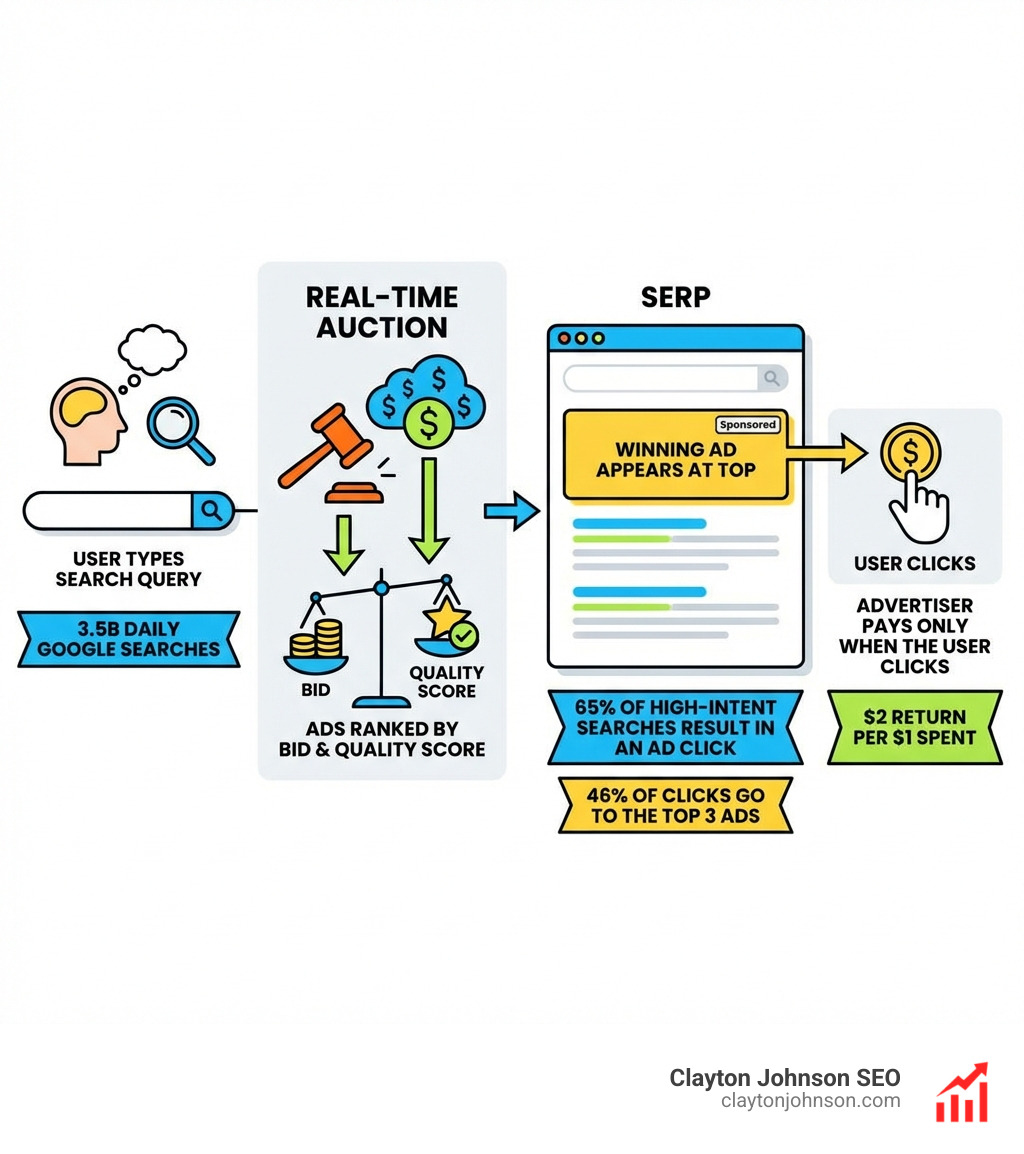 Infographic showing the paid search advertising ecosystem: how a user types a search query, triggers a real-time auction, ads are ranked by bid and Quality Score, the winning ad appears at the top of the SERP labeled Sponsored, and the advertiser pays only when the user clicks — with key stats: 3.5B daily Google searches, $2 return per $1 spent, 65% of high-intent searches result in an ad click, 46% of clicks go to the top 3 ads - paid search advertising infographic 