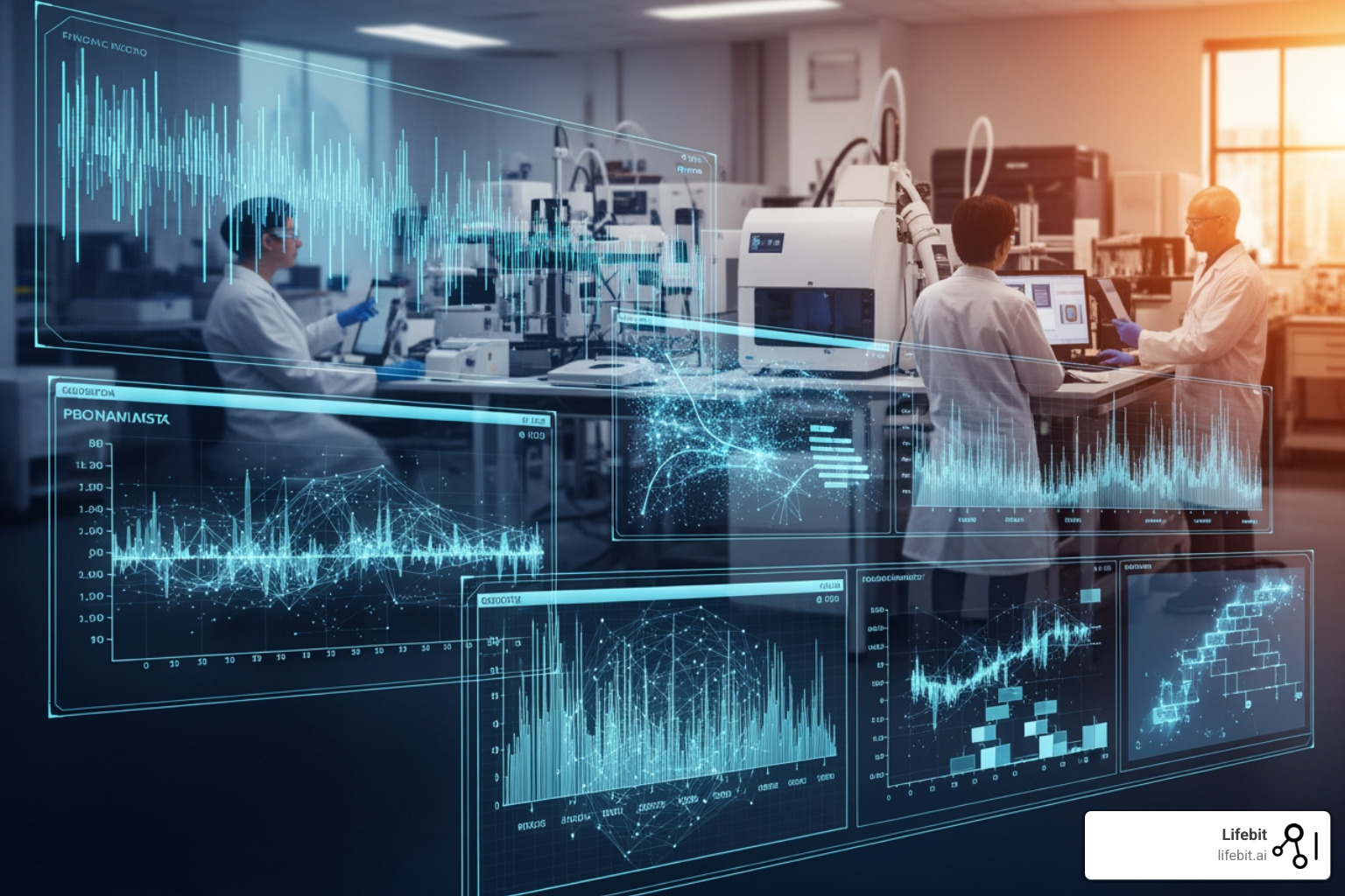 Visualizing high-dimensional data clusters where thousands of data points are compressed into 3D maps to show biological relationships - advanced ml omics research