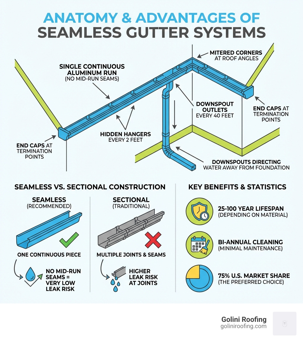 Infographic showing the anatomy of a seamless gutter system: single continuous aluminum run along roofline, hidden hangers every 2 feet, end caps at termination points, mitered corners at roof angles, downspout outlets every 40 feet, downspouts directing water away from foundation, with callouts comparing seamless vs. sectional construction and listing key benefits: no mid-run seams, 25-100 year lifespan, bi-annual cleaning, 75% U.S. market share - Seamless Gutters infographic Infographic showing the anatomy of a seamless gutter system: single continuous aluminum run along roofline, hidden hangers every 2 feet, end caps at termination points, mitered corners at roof angles, downspout outlets every 40 feet, downspouts directing water away from foundation, with callouts comparing seamless vs. sectional construction and listing key benefits: no mid-run seams, 25-100 year lifespan, bi-annual cleaning, 75% U.S. market share - Seamless Gutters infographic