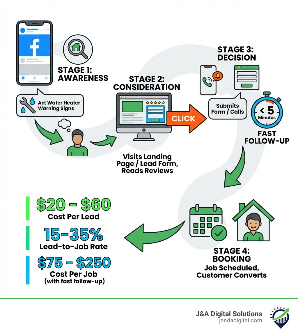 Infographic showing the plumbing customer journey on Facebook: Stage 1 - Awareness (homeowner scrolls Facebook, sees ad for water heater warning signs), Stage 2 - Consideration (homeowner clicks ad, visits landing page or lead form, reads reviews), Stage 3 - Decision (homeowner submits form or calls, receives follow-up within 5 minutes), Stage 4 - Booking (job is scheduled, customer converts); includes stats: $20-$60 cost per lead, 15-35% lead-to-job rate, $75-$250 cost per job with fast follow-up) - plumbing facebook ads infographic Infographic showing the plumbing customer journey on Facebook: Stage 1 - Awareness (homeowner scrolls Facebook, sees ad for water heater warning signs), Stage 2 - Consideration (homeowner clicks ad, visits landing page or lead form, reads reviews), Stage 3 - Decision (homeowner submits form or calls, receives follow-up within 5 minutes), Stage 4 - Booking (job is scheduled, customer converts); includes stats: $20-$60 cost per lead, 15-35% lead-to-job rate, $75-$250 cost per job with fast follow-up) - plumbing facebook ads infographic