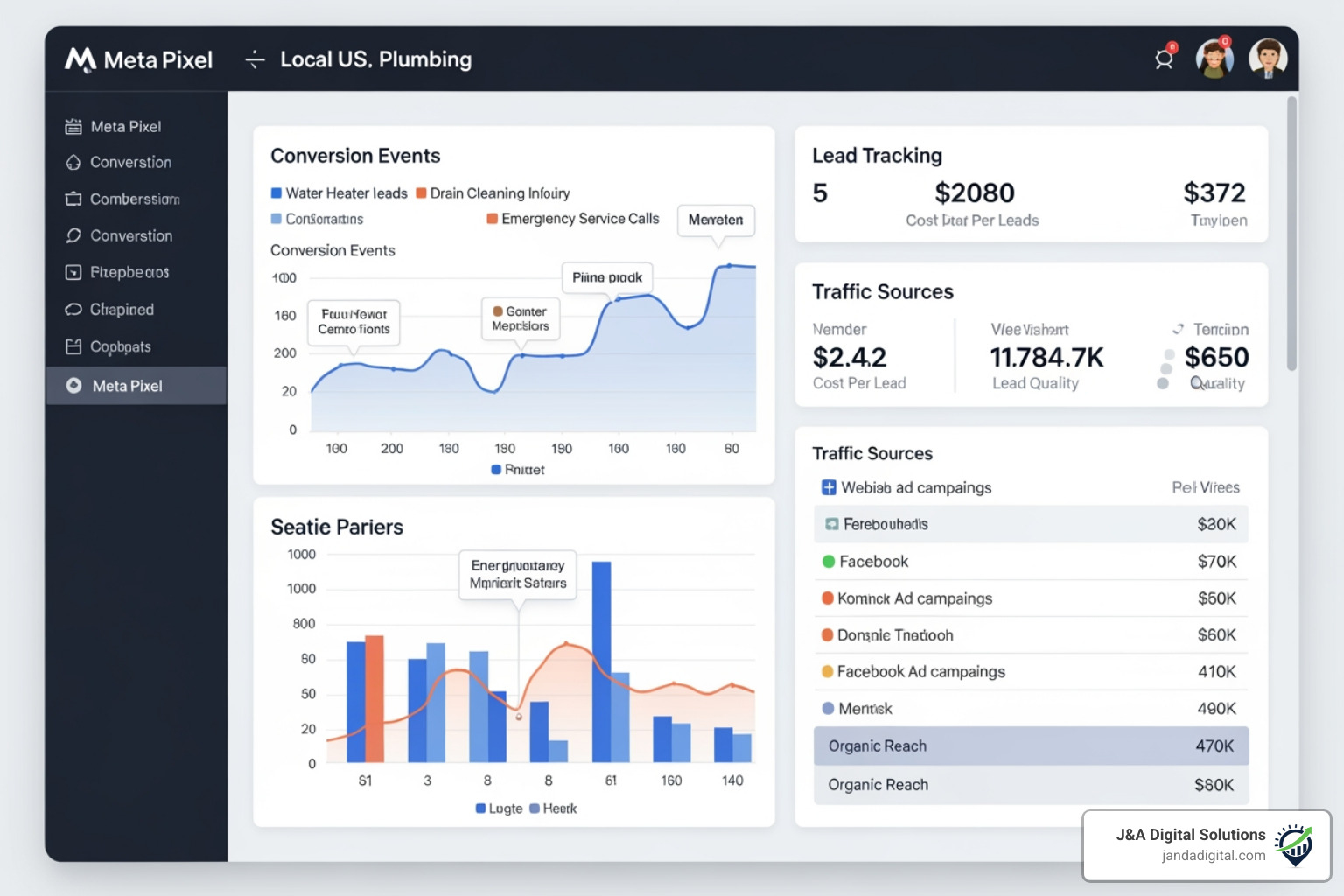 The Meta Pixel dashboard showing conversion events, traffic sources, and lead tracking data for a local plumbing campaign - plumbing facebook ads The Meta Pixel dashboard showing conversion events, traffic sources, and lead tracking data for a local plumbing campaign - plumbing facebook ads