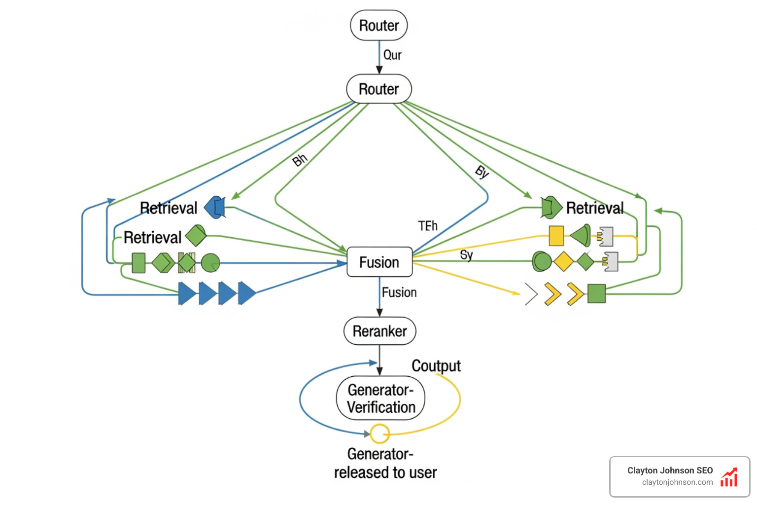 Flowchart of an advanced modular RAG orchestration pattern showing a central query entering a Router, branching into three parallel Retrieval paths, merging via a Fusion module, passing through a Reranker, and entering a Generator-Verification loop where the output is checked for grounding before being released to the user. Professional enterprise design with color-coded nodes. - modular rag pipeline components