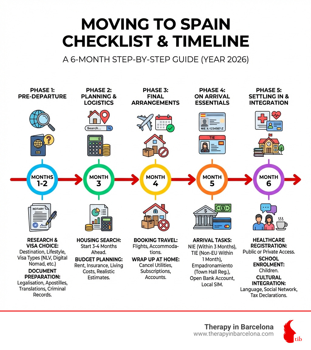 Step-by-step moving to Spain checklist infographic showing a 6-month timeline: months 1-2 for research, visa choice, and document preparation; month 3 for housing search and budget planning; month 4 for booking travel and wrapping up at home; month 5 for arrival tasks including NIE, empadronamiento, and bank account; month 6 for healthcare registration, school enrolment, and cultural integration, with icons for each phase - Moving to Spain checklist infographic 