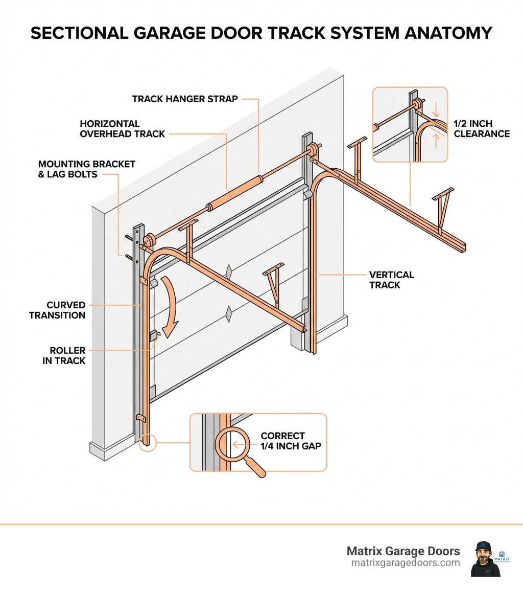 Infographic showing the anatomy of a sectional garage door track system, including labeled components: vertical tracks on each side of the door opening running floor to ceiling, horizontal overhead tracks angling back into the garage ceiling, curved transition sections connecting vertical and horizontal tracks, mounting brackets and lag bolts securing tracks to the wall, rollers seated inside the track channel, track hanger straps suspending the horizontal tracks from the ceiling, and a callout showing the correct 1/4 inch gap between the door edge and stop molding on vertical tracks and 1/2 inch clearance between door and overhead track - Garage door track adjustment infographic 