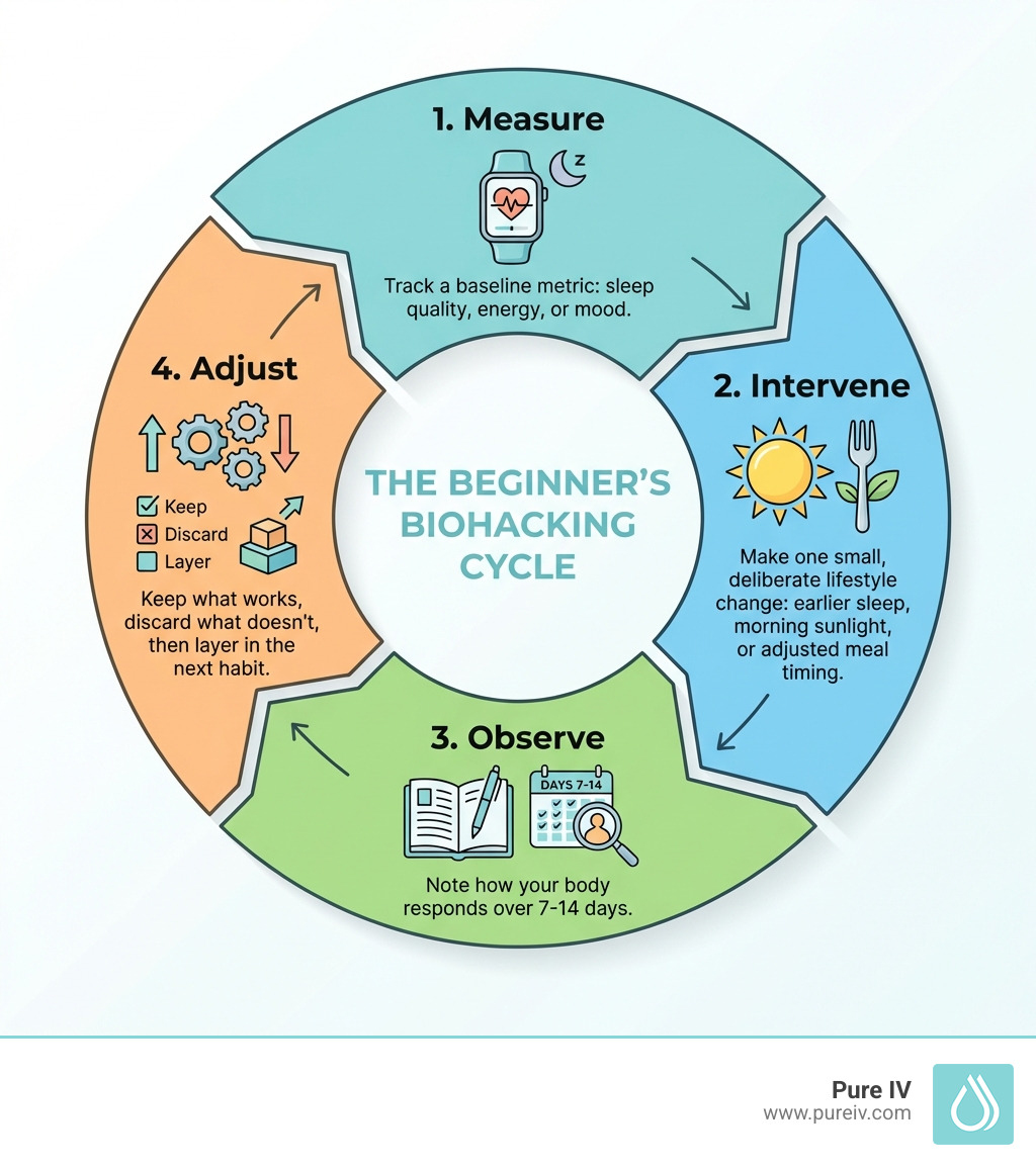 Infographic showing the biohacking cycle for beginners: a circular diagram with four labeled steps — (1) Measure: track a baseline metric like sleep quality, energy, or mood; (2) Intervene: make one small, deliberate lifestyle change such as earlier sleep, morning sunlight, or adjusted meal timing; (3) Observe: note how your body responds over 7-14 days; (4) Adjust: keep what works, discard what doesn't, then layer in the next habit — with icons for a wearable tracker, a sun, a fork, and a journal at each step - biohacking for beginners infographic 